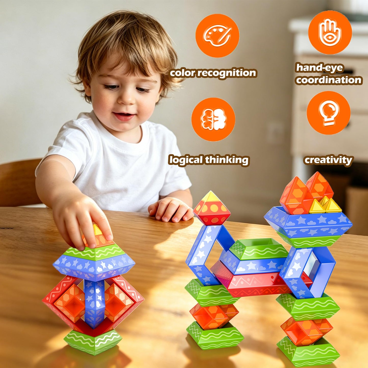 Doloowee 30 Pcs Building Blocks Toys for Ages 3 4 5 6 Toddlers, Pyramid Stacking Toys, 3D Montessori Preschool Learning Blocks for Kids, Stem Educational Pyramid Magic Tower Gifts Set