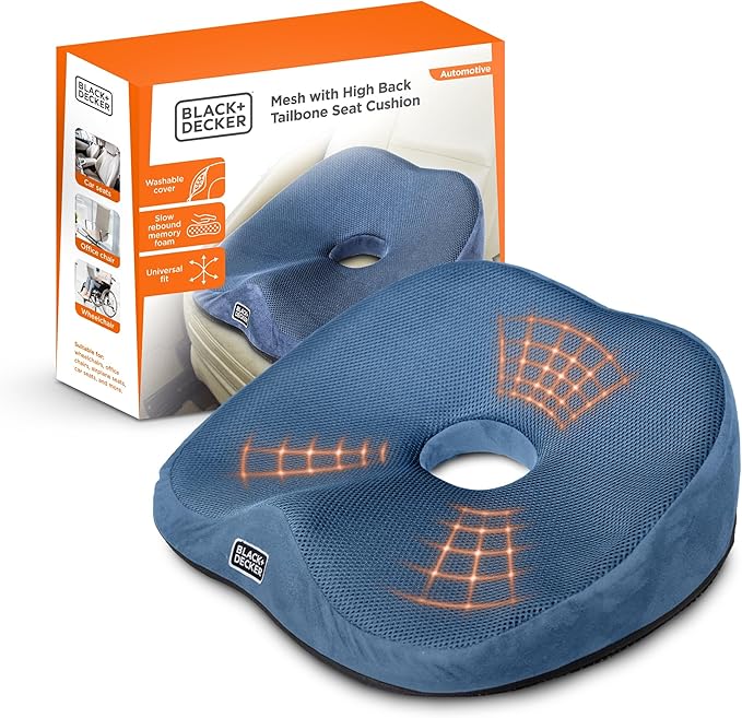 BLACK+DECKER High Back Tailbone Seat Cushion – Memory Foam Chair Cushion for Office, Car, Wheelchair & Airplane – Ergonomic, Non Slip, Breathable Mesh, Sciatic Pain Relief, Washable Cover, Blue