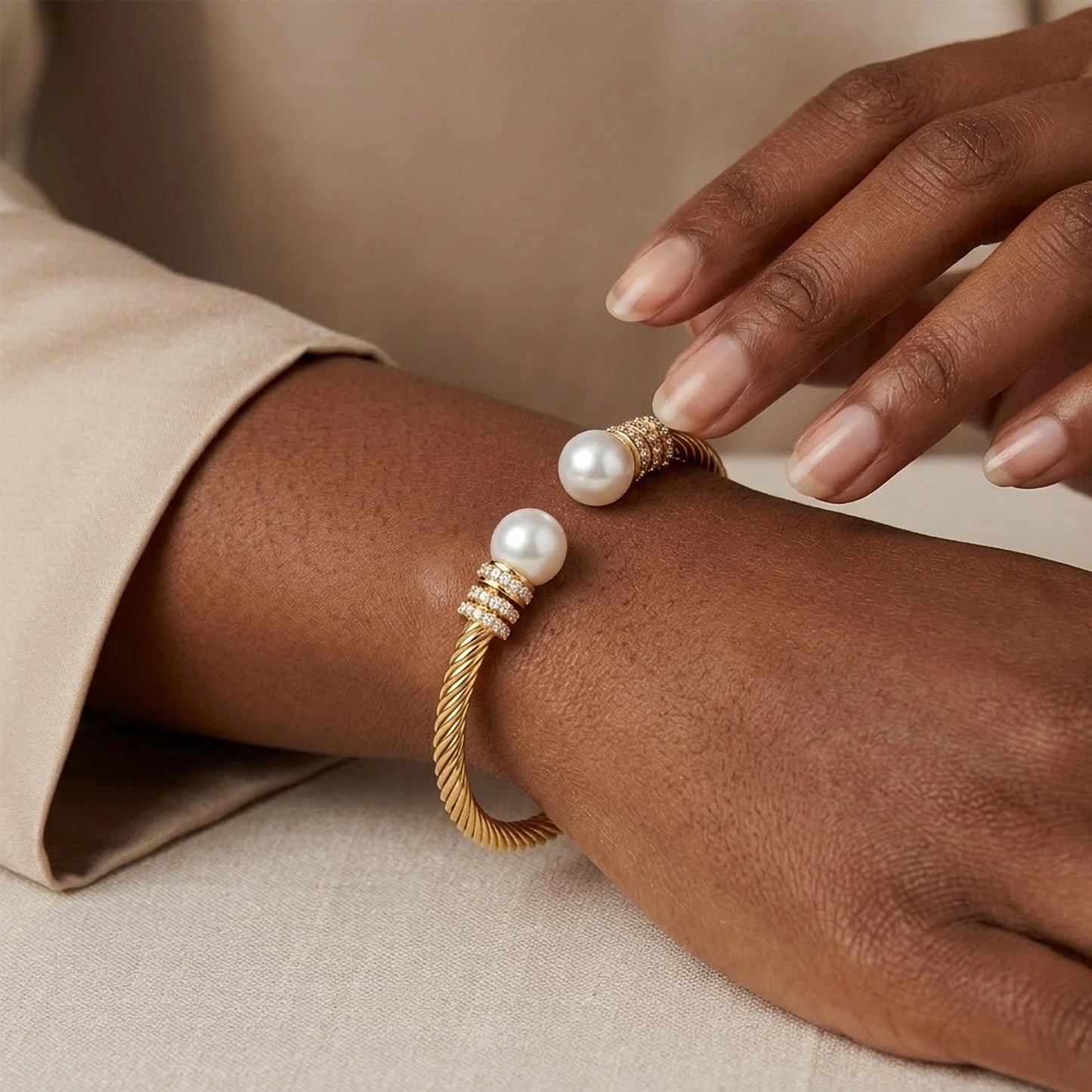WOWORAMA Gold Cable Wire Cuff Bracelet for Women Stainless Steel Open Cuff Bangle Bracelets Adjustable Twist Cable Bracelet with Pearl Balls Jewelry