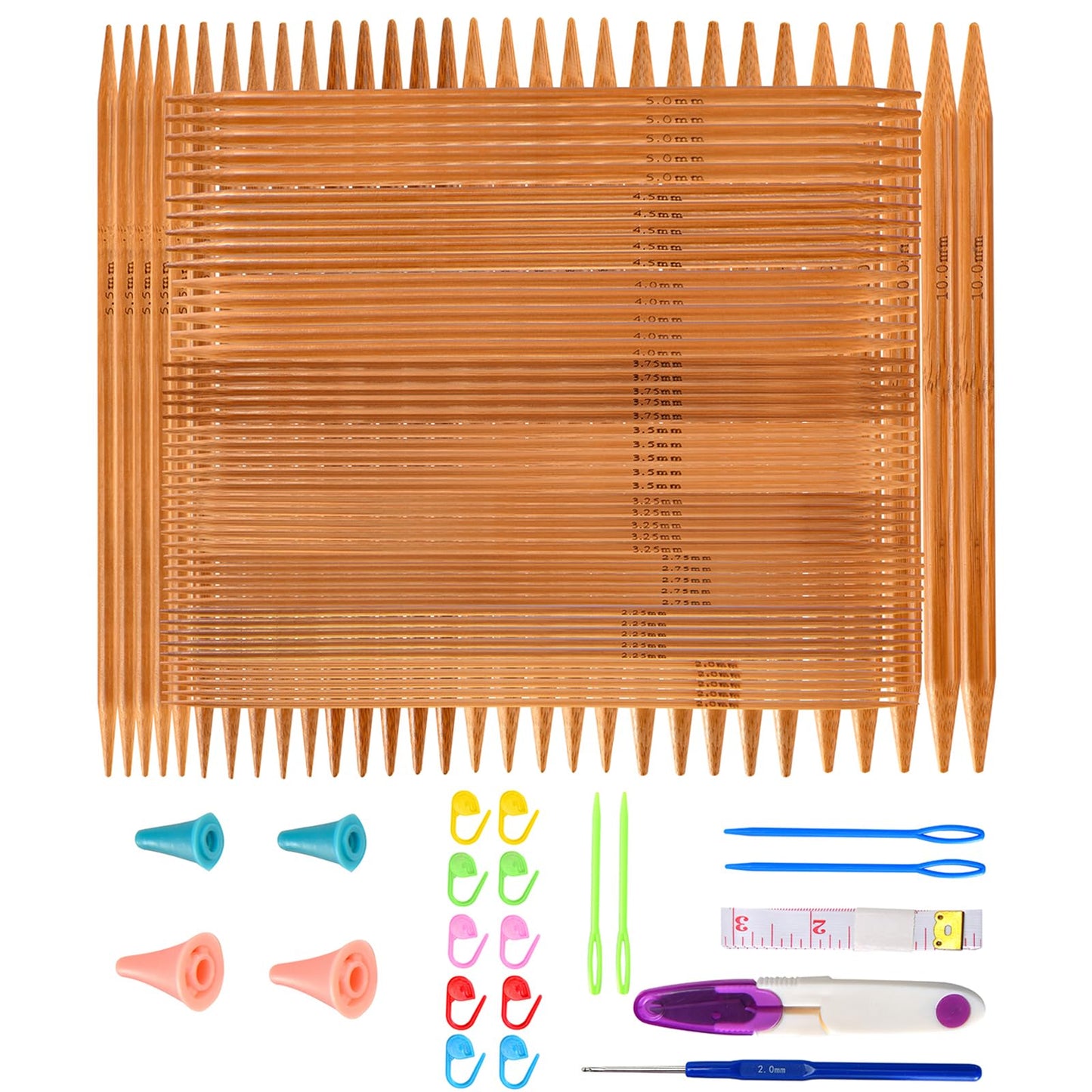 Double Pointed Knitting Needles Set,75 Pcs Wooden Bamboo Knitting Needles Kit,15 Sizes from 2.0mm-10.0mm,with Small Tools,Straight Wood Needles for Beginners,Making Sweater,Scarf,Sock,Weave
