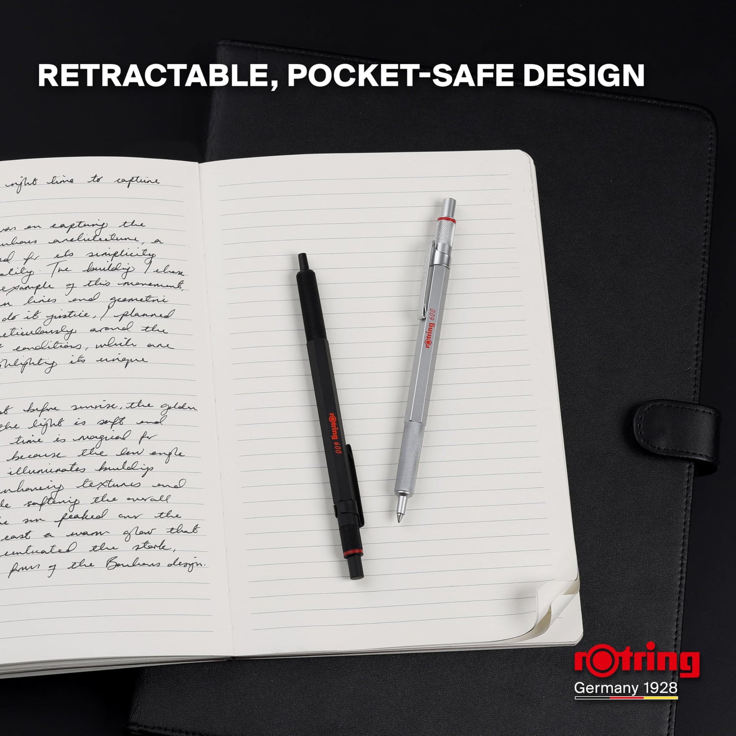 rOtring 600 Gel Pen, Black Metal Body Pen, Black Ink, 0.55mm, Non-Slip Knurled Grip & Hexagonal Barrel, Refillable, 1 Count - Smooth Writing, Stationary, Desk Essentials