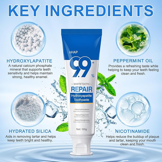 9.9% Hydroxyapatite Toothpaste, Nano Hydroxyapatite Toothpaste Protects Enamel and Strengthens Teeth, Cleans and Cares for Oral Health, Promotes Freshens Breath