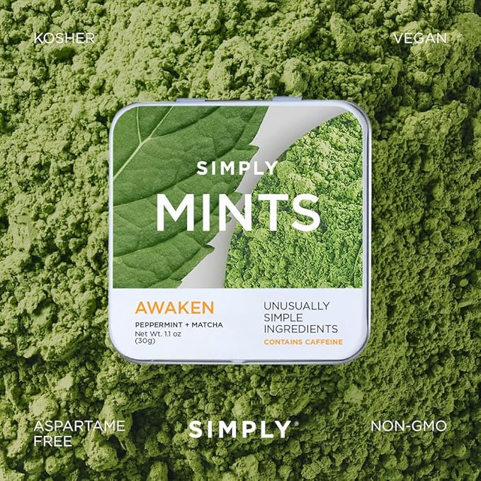 SIMPLY Mints | Caffeinated Breath Mints- Awaken (Caffeine + Peppermint + Matcha) | Pack of Six (180 Pieces Total) | Microdose Caffeine + Breath Freshening + Aspartame-Free + Vegan + non-GMO
