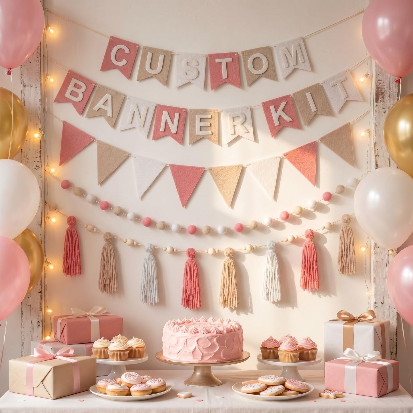 SmoothNovelty 139 Pcs Felt DIY Custom Banner Kit Include 104 Letters 18 Swallowtail Flags 15 Pennants 2 Pcs Pom Pom Garland Tassel Pompom Decoration for Home Baby Shower Birthday(Baby Pink)