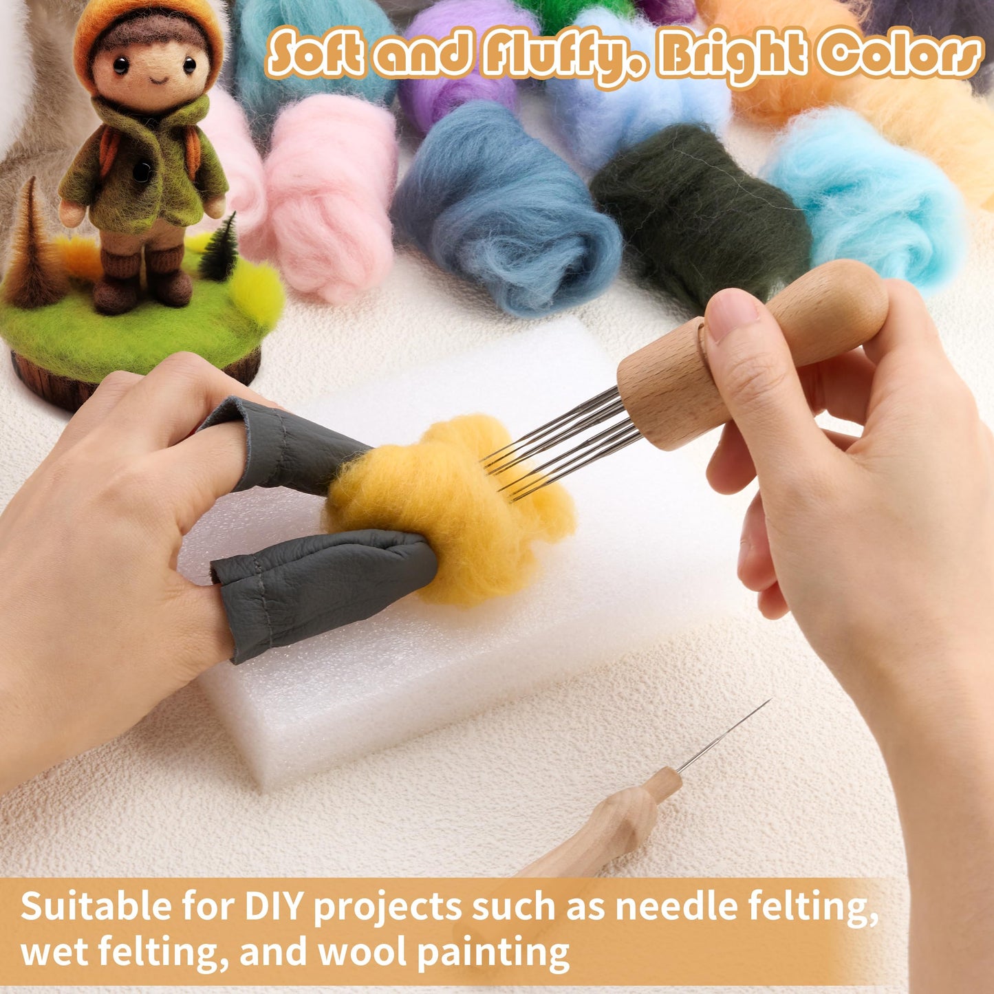 DF DUALFERV Needle Felting Kit with 50 Colors of Premium Felting Wool - Fluffy, Textured Wool Roving with Strong Plasticity for Felted Animal - Includes Instruction for Creative Crafting Projects