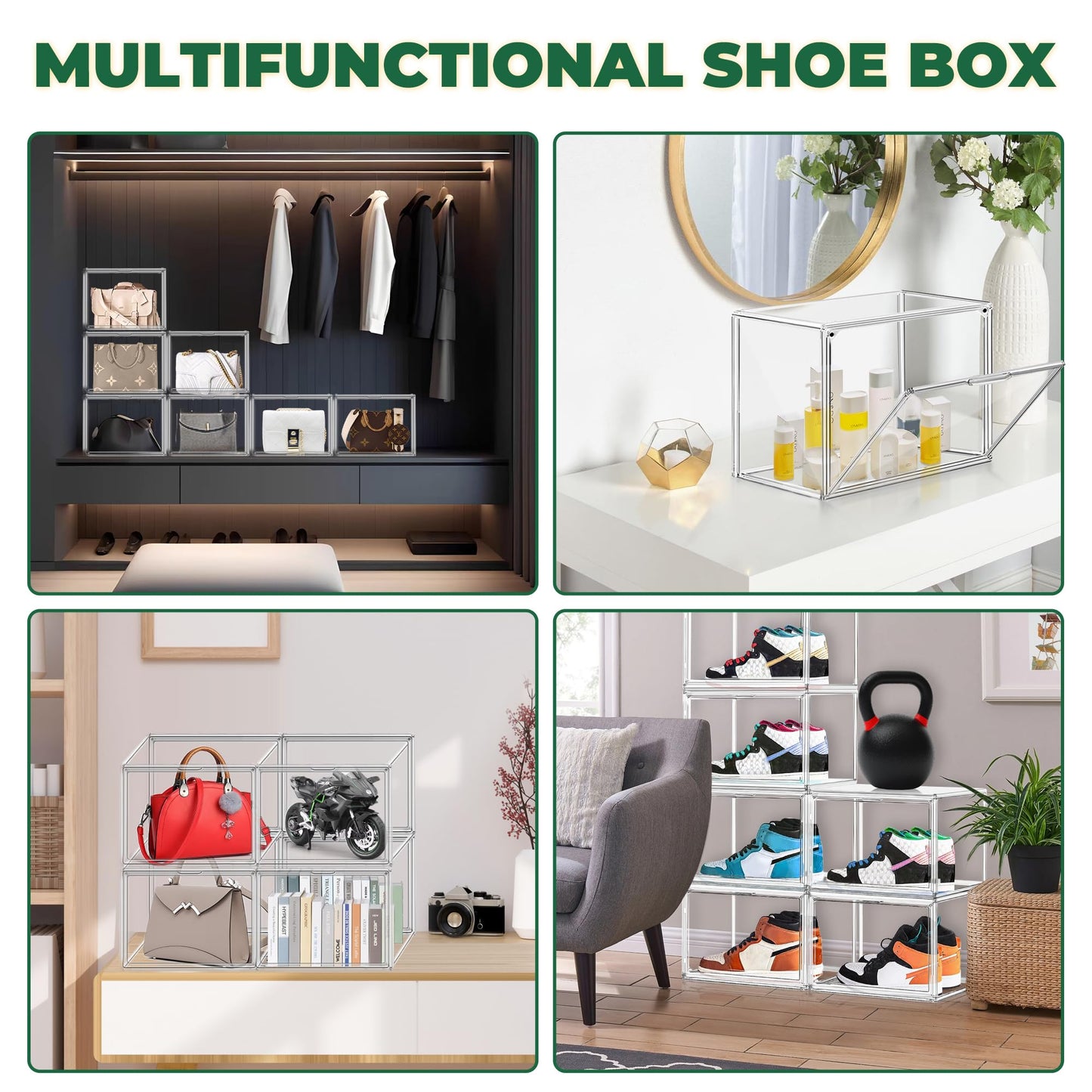 EZJOB 3 Pack X-Large Acrylic Shoe Display Case Size 14 Clear Stackable Handbag Organizer Sneaker Storage Box Shoe Contianers with Magnetic Door Purse Organizer for Closet