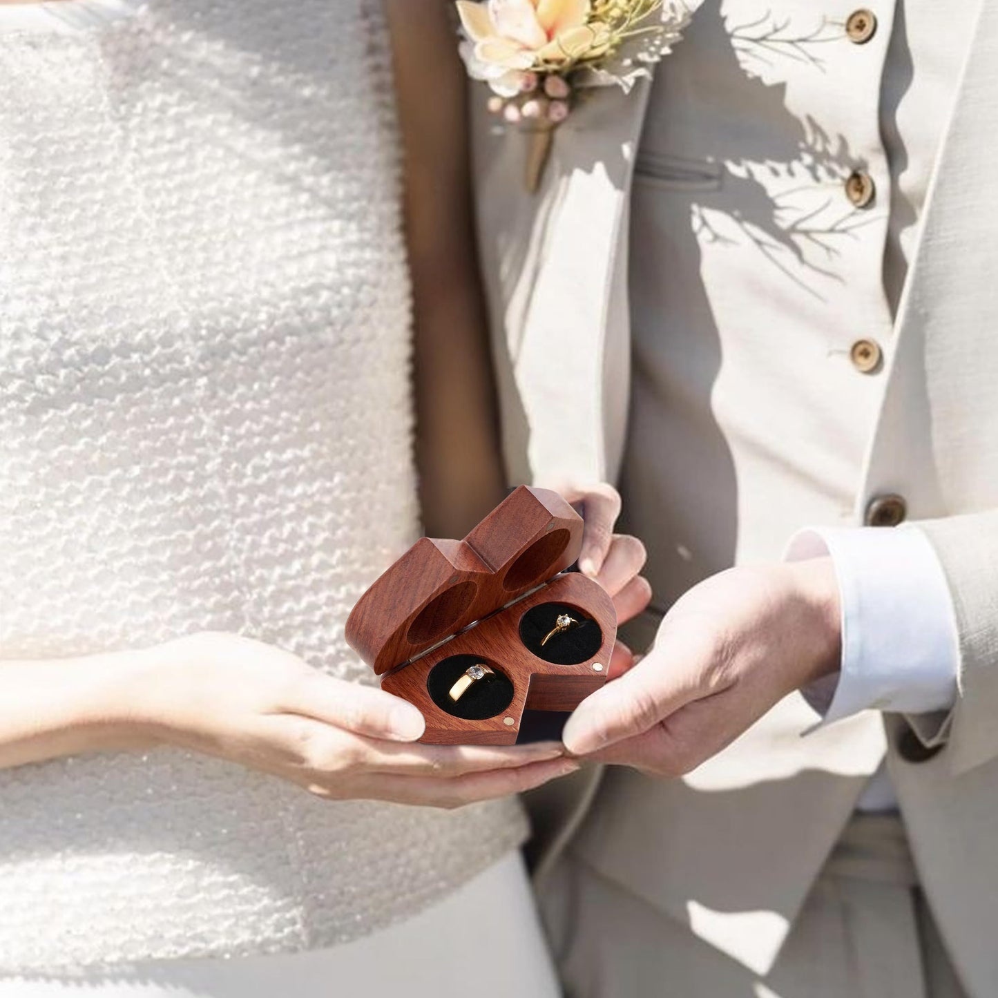 Handicraftviet Ring Box Mr and Mrs – Handmade Heart Shape Ring Box for Wedding Ceremony, Wedding Ring Holder Small Engraved for Engagement/Proposal, Rustic Ring Boxes (Wood Ring Holder)