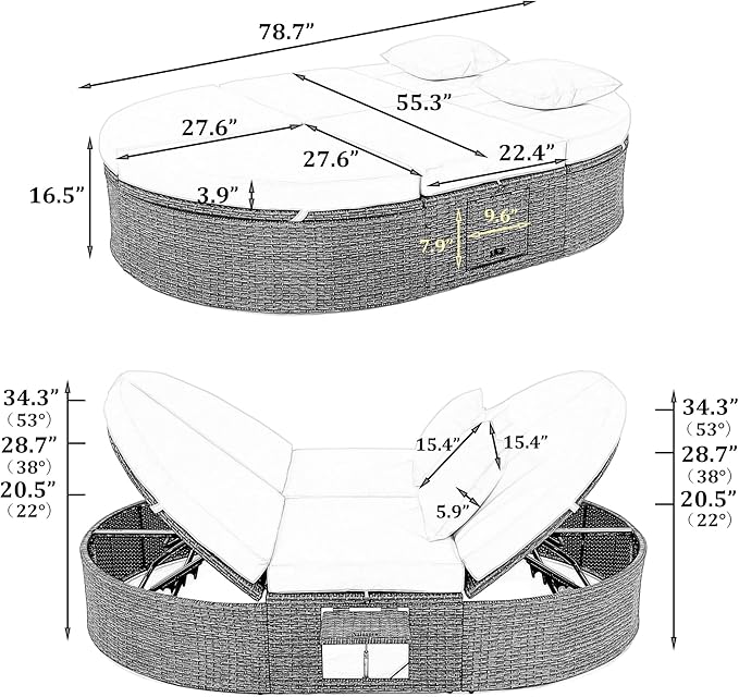 Merax Outdoor Sun Bed Patio 2-Person Daybed with Cushions and Pillows, Rattan Garden Reclining Chaise Lounge with Adjustable Backrests and Foldable Cup Trays for Lawn, Poolside, Grey