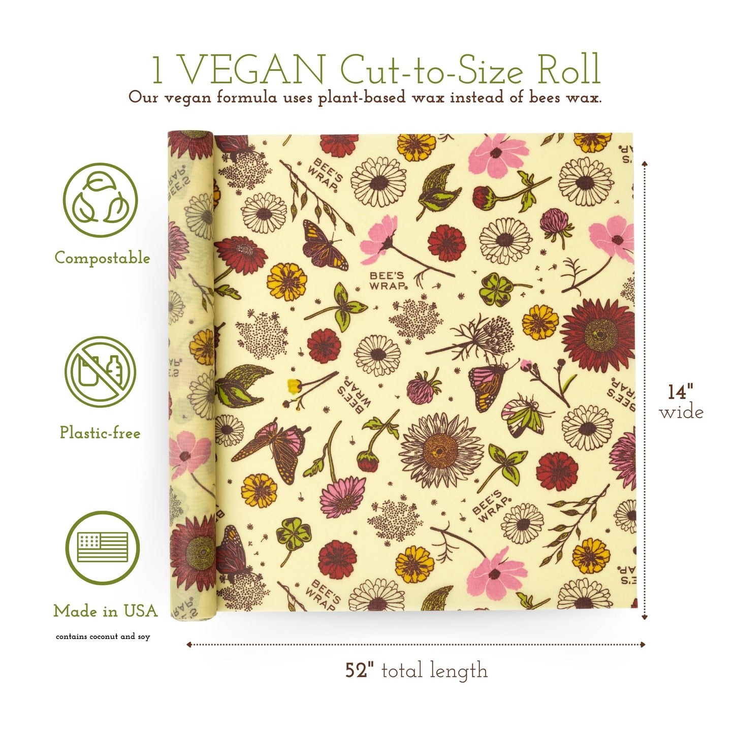Bee's Wrap Vegan Beeswax Wraps for Food - Cut to Size 14x52" Beeswax Wrap Roll - Plastic Free Made in USA Reusable Natural Food Wrap - Meadow Magic
