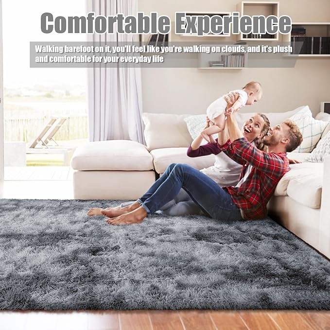 Ultra Soft Fluffy Area Rugs for Bedroom Living Room 10x14, Nursery Rug, Non-Slip Carpet for Kids Dorms Decor, Shaggy Bedside Rug, Tie-Dyed Black