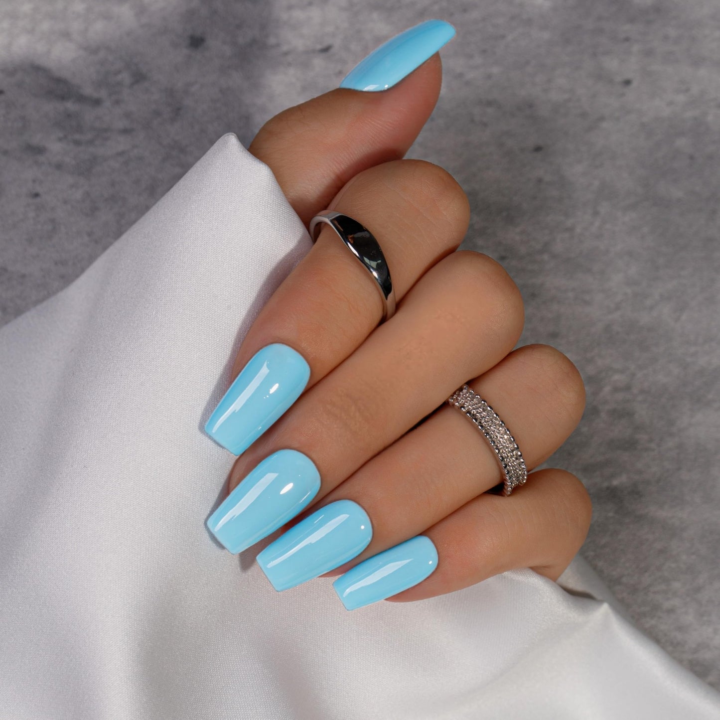 KQueenest Light Blue Press On Nails Long Square - Summer Press On Nails Medium Coffin, Sheer Soft Blue Fake Nails with Glue, Glossy Opaque, Reusable Soft Gel Glue on Nails for Manicure Gift, 24 Pcs