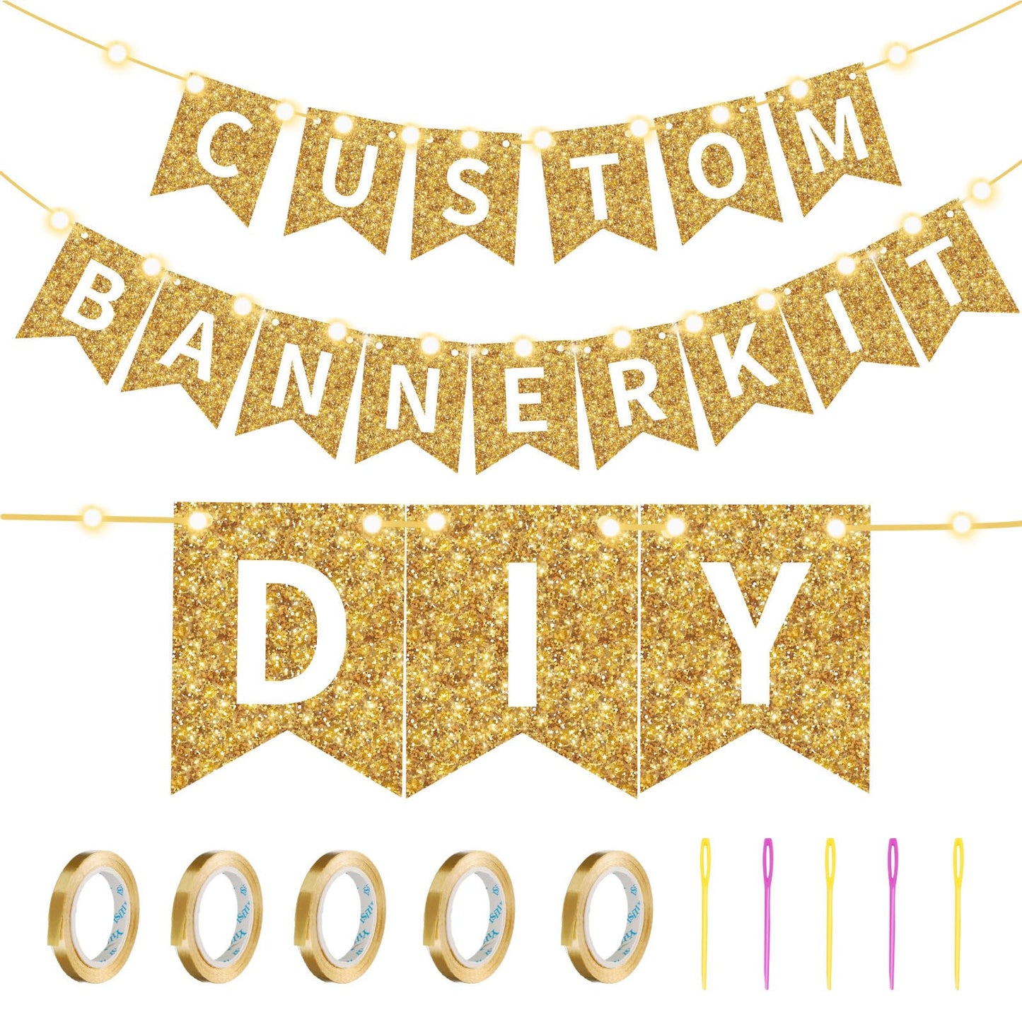 TaoBary 135 Pcs DIY Banner Custom Letters Kit Make Your Own Banner for Birthday Graduation Party Decor Include 107 Letters and Numbers, 16 Symbols, 2 String Lights, 5 Needles, 5 Rope (Gold)