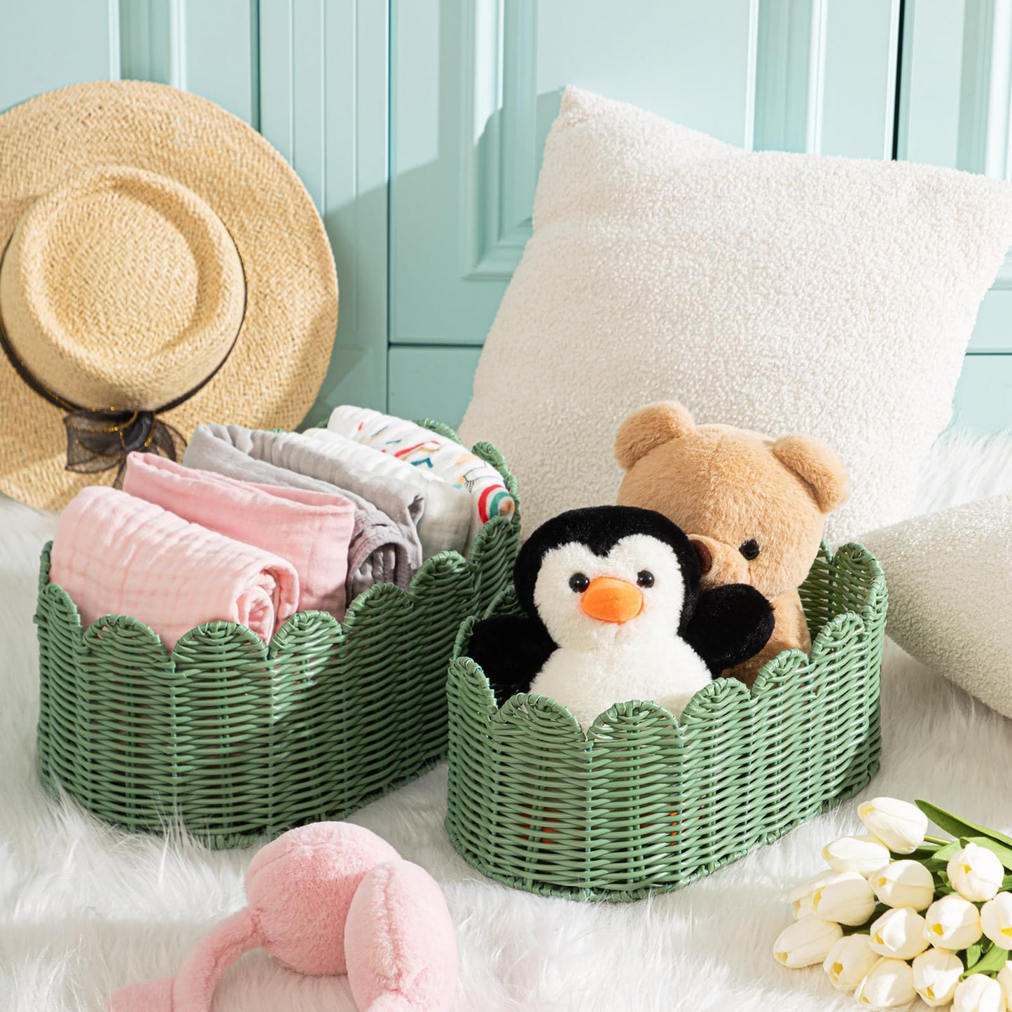 2 Pcs Large Scalloped Storage Baskets, Sage Green Woven Wicker Nursery Organizer Bins for Baby Gifts, Living Room Decor, Bathroom & Toy Storage, 16 x 10 x 7" & 14 x 8 x 6"