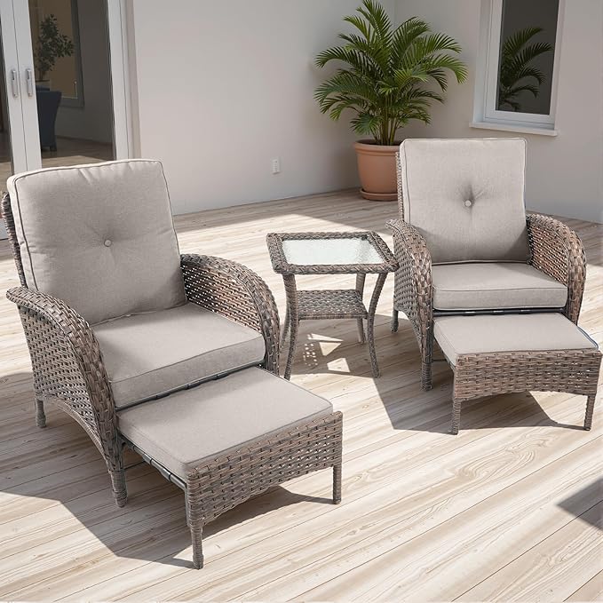Rilyson 5 Piece Patio Furniture Set - Wicker Balcony Furniture Set with Hidden Ottomans, Rattan Outdoor Patio Chairs with Side Table for Porch Deck Poolside Garden Brown/Beige