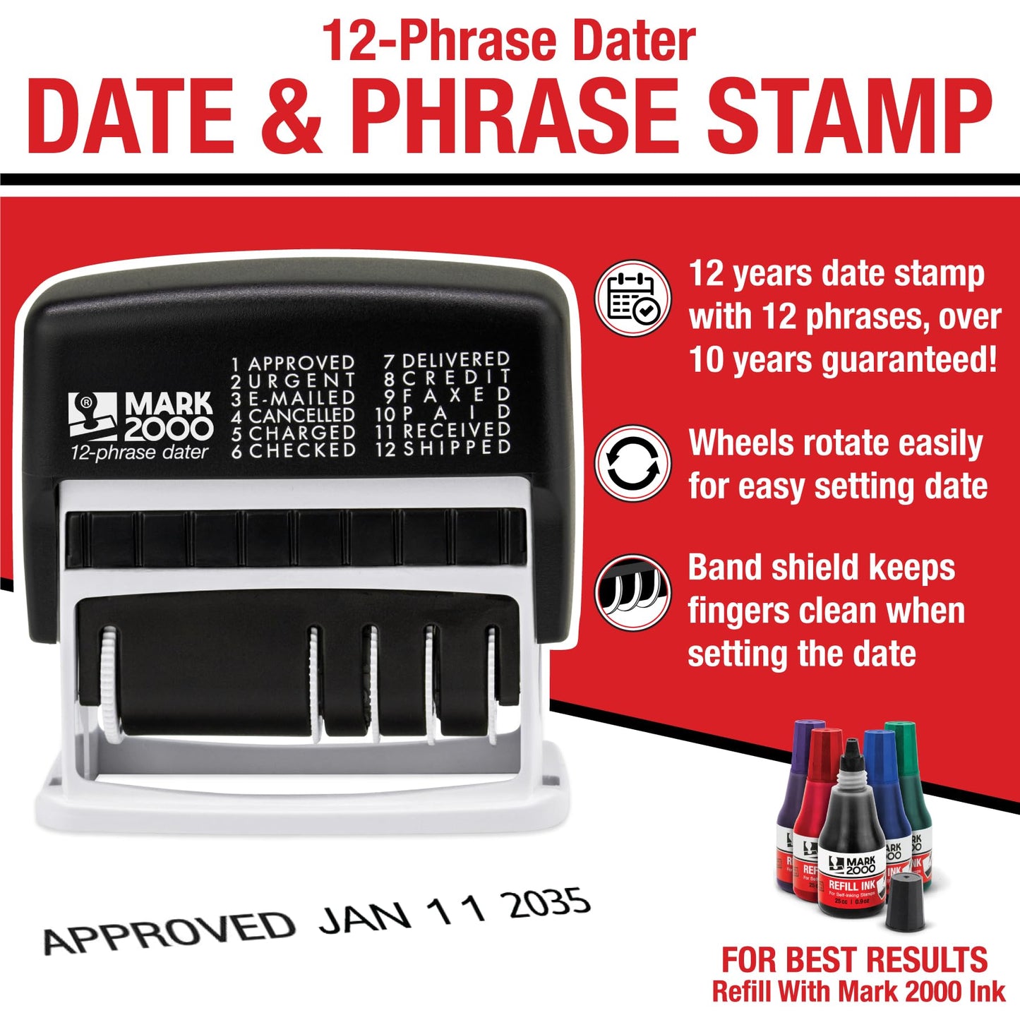 Mark 2000 12-Phrase Dater - Self-Inking Stamp - Blue Ink, Red Date