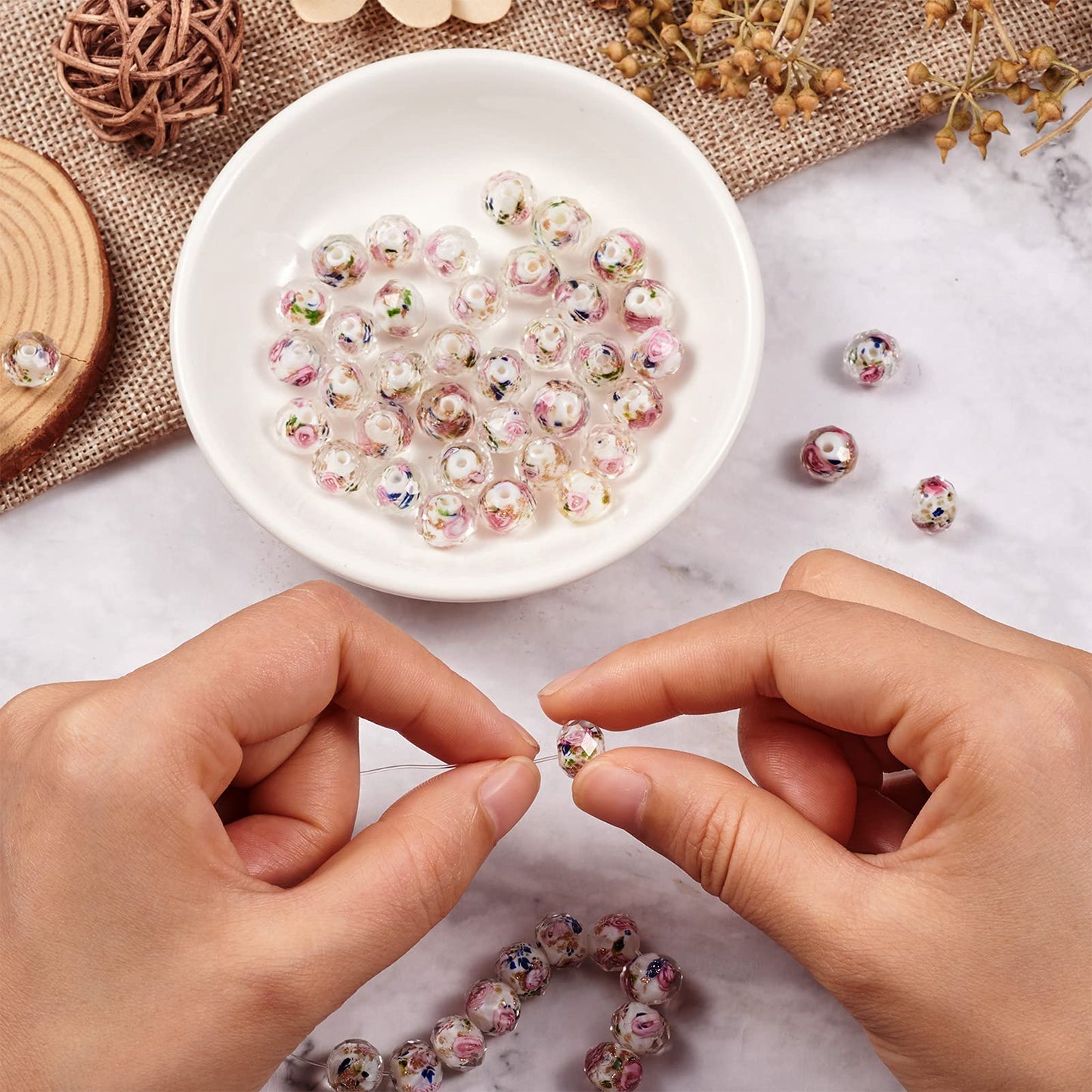 Craftdady About 60Pcs Handmade Gold Sand Lampwork Faceted Rondelle Glass Beads Strands Flower Inlaid Spacer Loose Beads for DIY Jewelry Making Hole: 2mm (White)