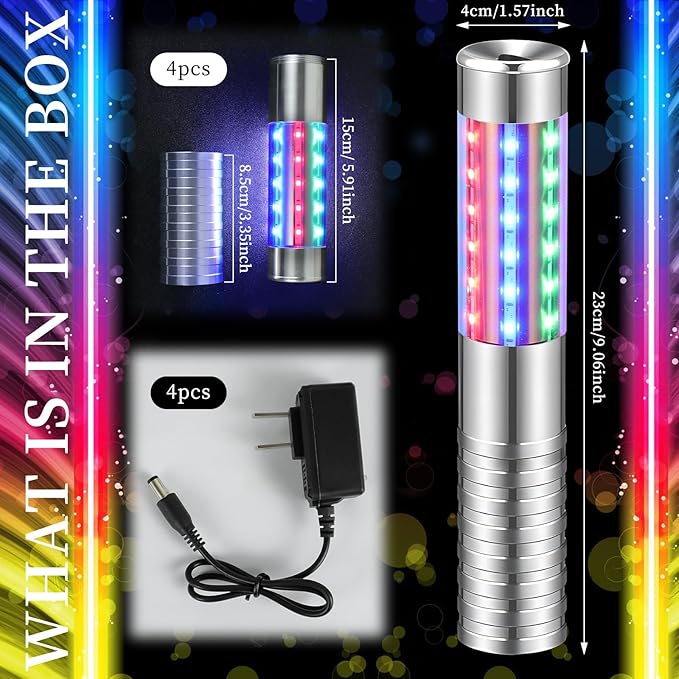 4 Pieces RGB LED Strobe Baton Light Rechargeable Bottle Service Sparklers Stick Reusable Champagne Bottle Handheld LED for Club Stage Nightclub Party Concert Event Bar Outdoor - Silver