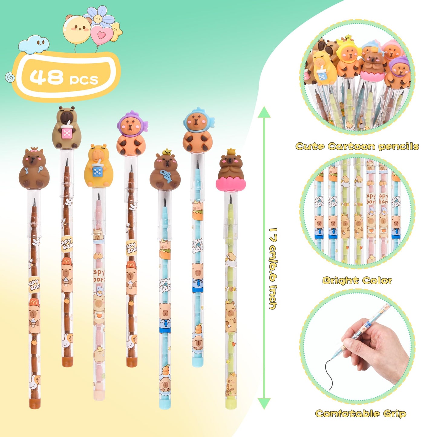 Ulema 48 Pieces Cute Capybara Stackable Pencils Capybara Study Supplies Translucent Multi Point Push Fun Pencils Gifts for School Supplies Classroom Rewards.