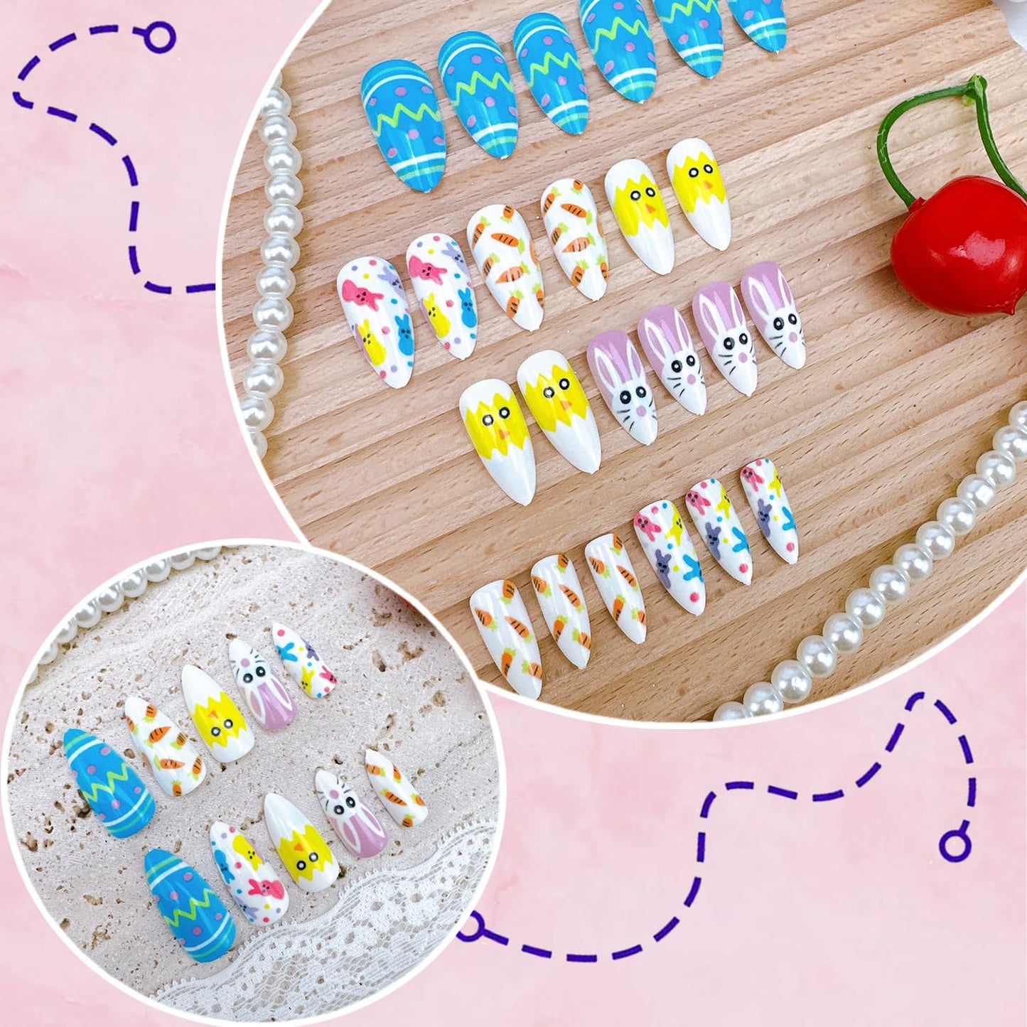 24Pcs Easter Press on Nails Medium Almond Fake Nails with Designs Cute Chick Carrot Bunny False Nails Easter Egg Acrylic Nail Cartoon Rabbit Full Cover Glue on Nails for Women Holiday Nail Decor