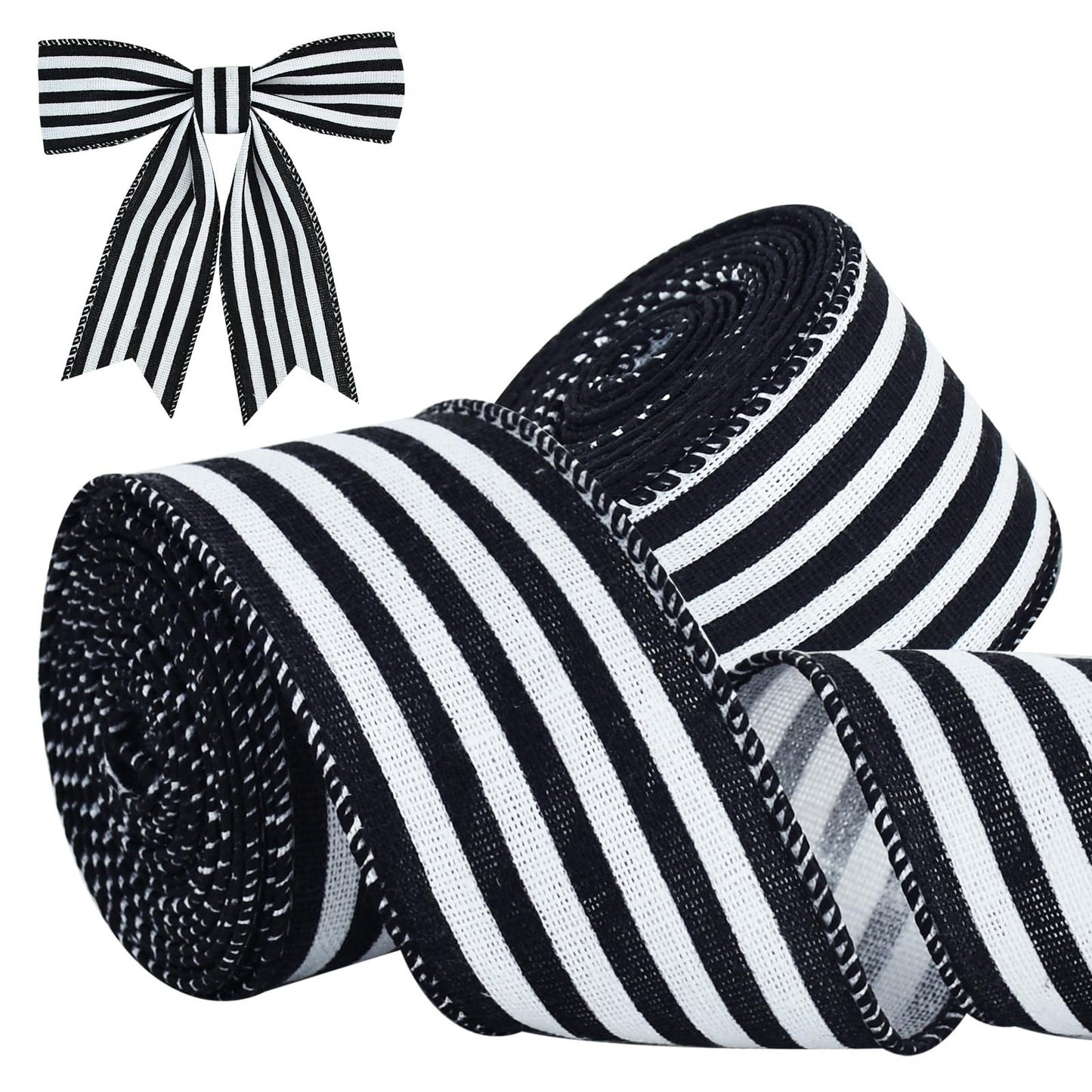 TONIFUL 2 Rolls-2 Inch Black Striped Wired Ribbon, Black and White Stripe Wired Ribbon for Gift Wrapping, Indoor, Bows Making, Wedding Birthday Party Decoration (6yds/roll)