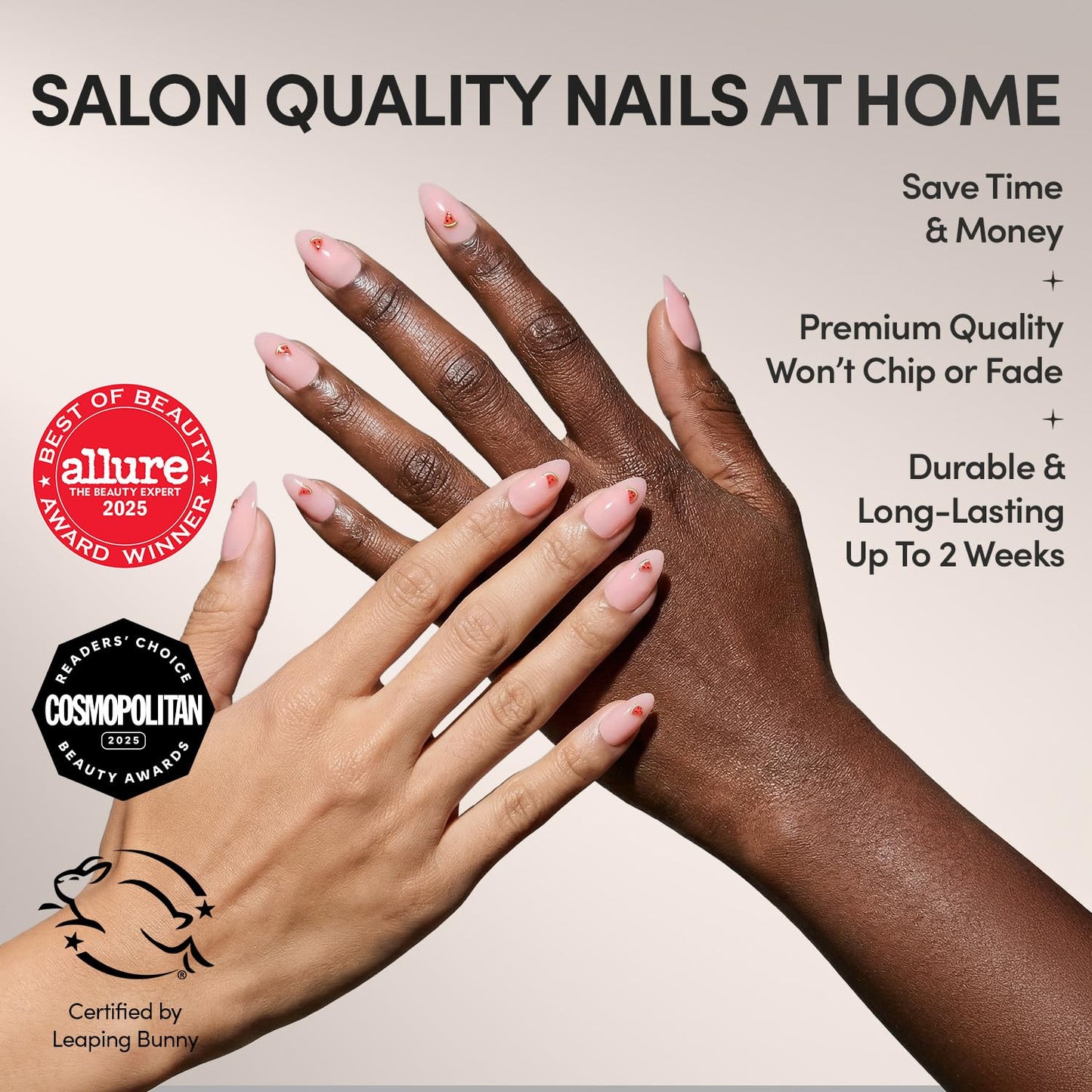 Glamnetic Press On Nails - Short Almond Fake Nails, Glossy Sheer Pink Nails with 3D Watermelon Design, Juicy Slice | 15 Sizes - 30 Nail Kit with Glue