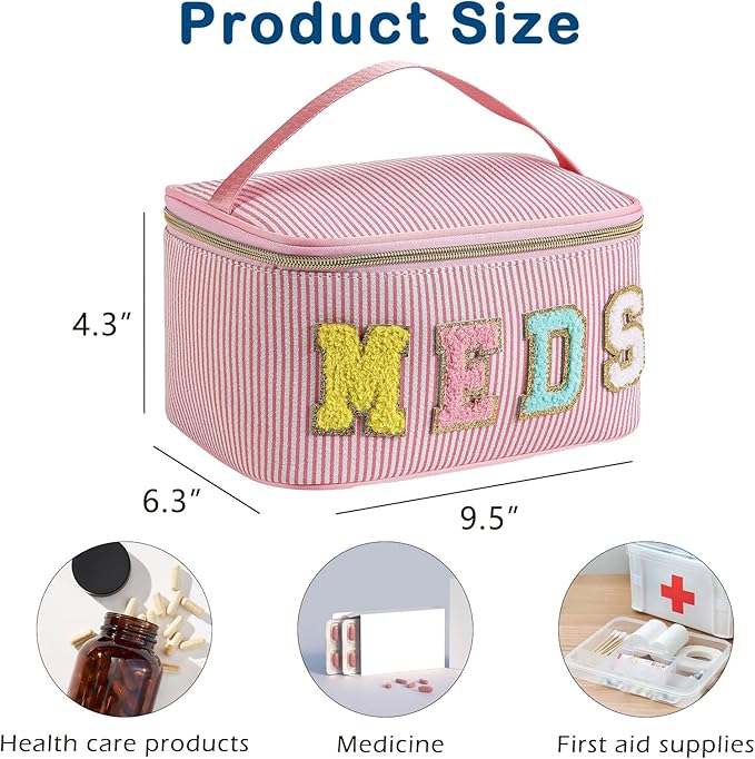 Chenille Letter MEDS Makeup Bag,Large Size Striped Medicine RX Cosmetic Bag with Top Handle, Aesthetic Seersucker First Aid Travel Organizer Bag for Women Girls(05Pink)