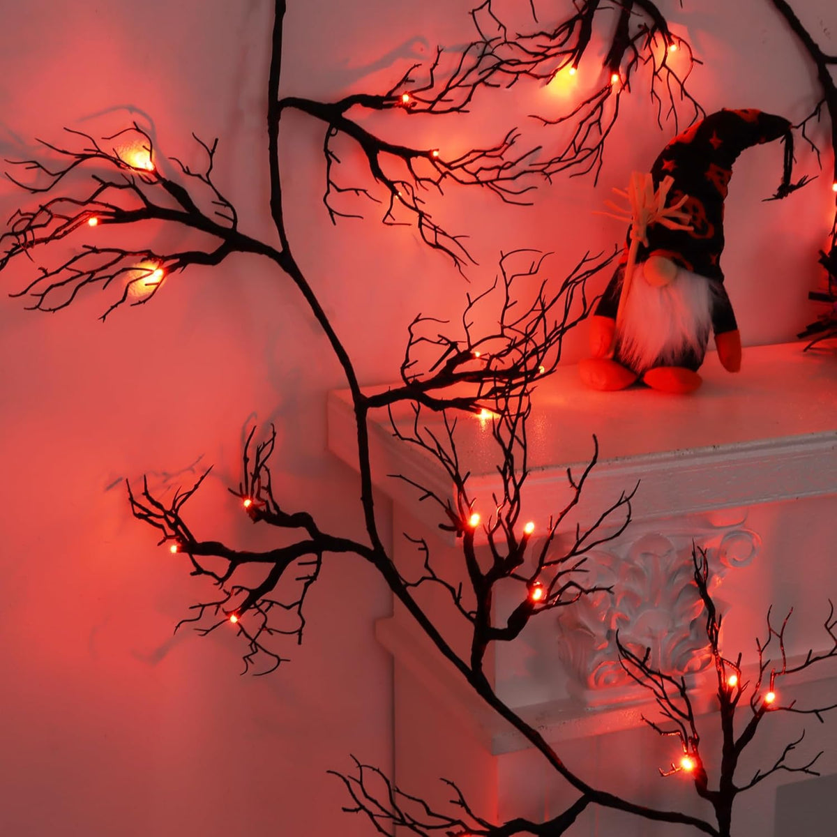 9 Ft 66 LED Willow Vine Twig Decor Black Halloween Garland with Orange Lights, Timer 8 Modes Waterproof Battery Operated Indoor Halloween Decorations for Wall Fireplace Mantle Home Office Party Decor