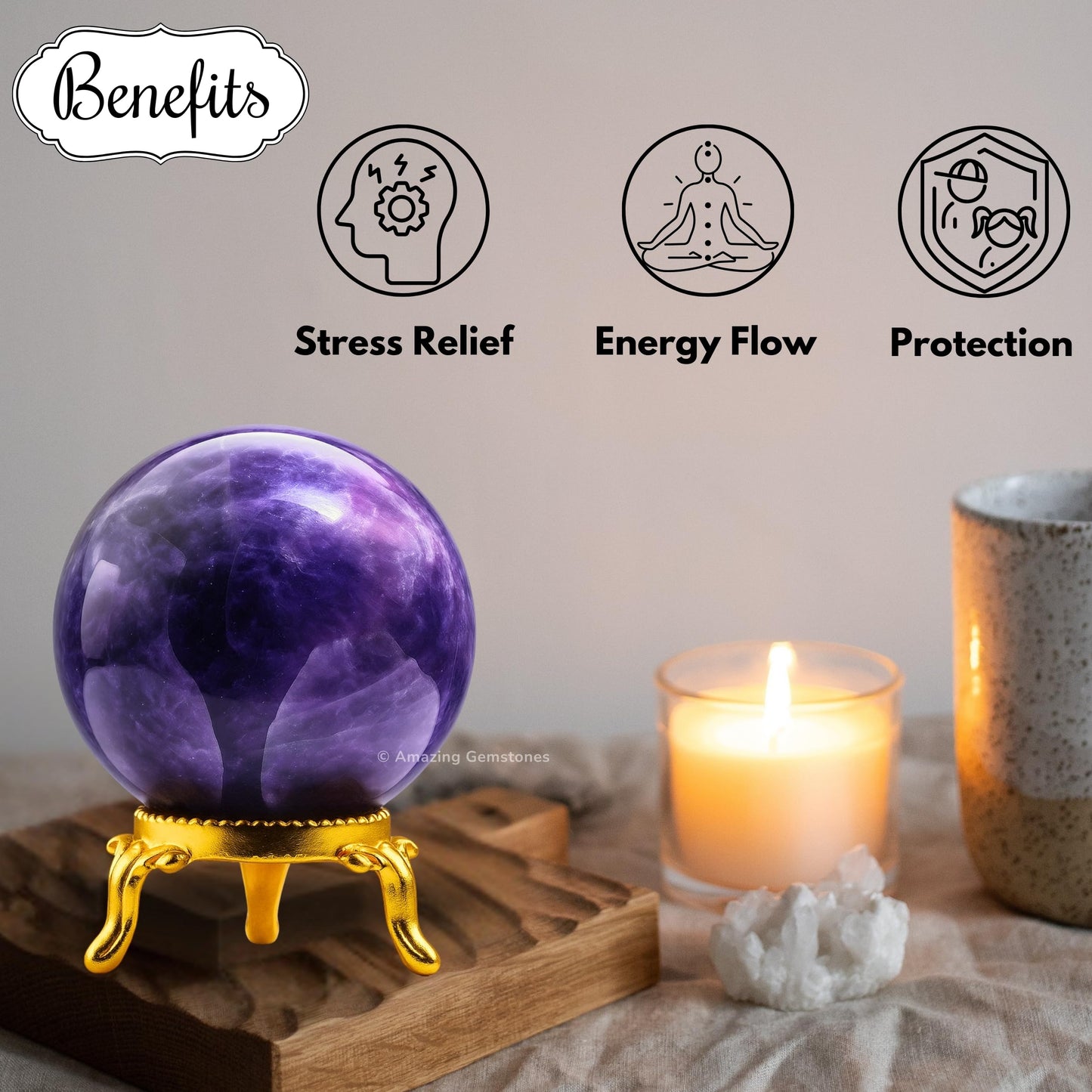 Amazing Gemstone Amethyst Crystal Ball with Stand - 2" Inches Crystal Sphere Meditation Balls for Witchcraft and Decorative Balls