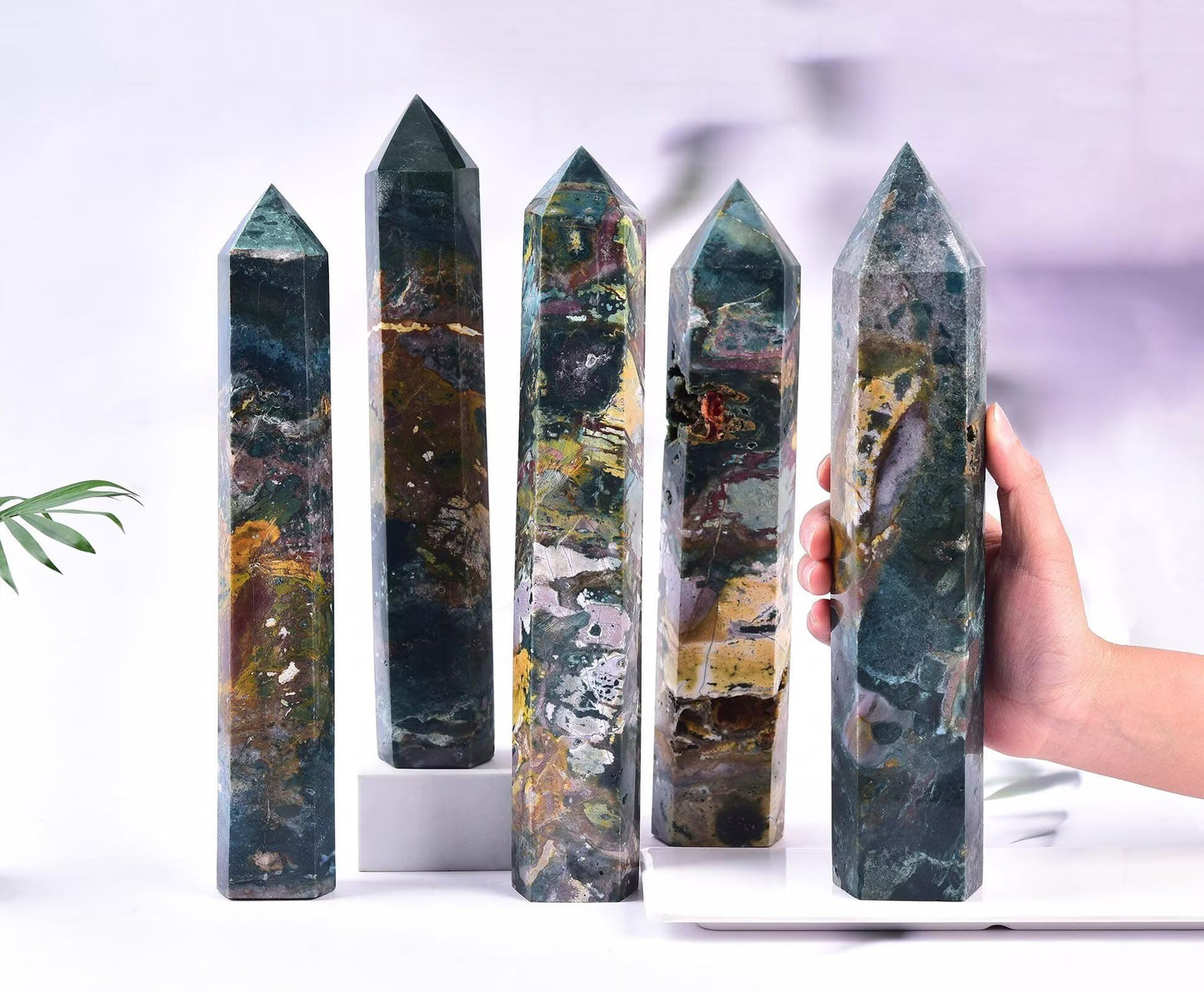 AMOYSTONE Large Ocean Jasper Stone Wand Healing Crystal Obelisk Tower 6 Faceted Column Reiki Chakra Meditation Therapy 2.2-2.6 LBS