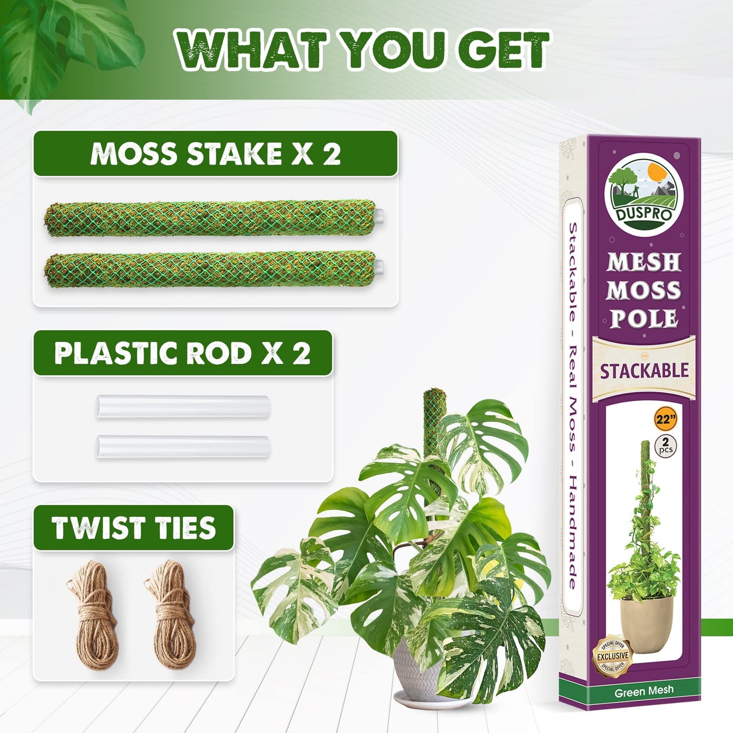 DUSPRO 2 Pack 22" Green Stackable Mesh Moss Pole for Plants – Extendable Up to 39", Natural Forest Moss Pole Monstera Plant Support, Moss Stick for Climbing Plants, Indoor Plant Stakes Accessories