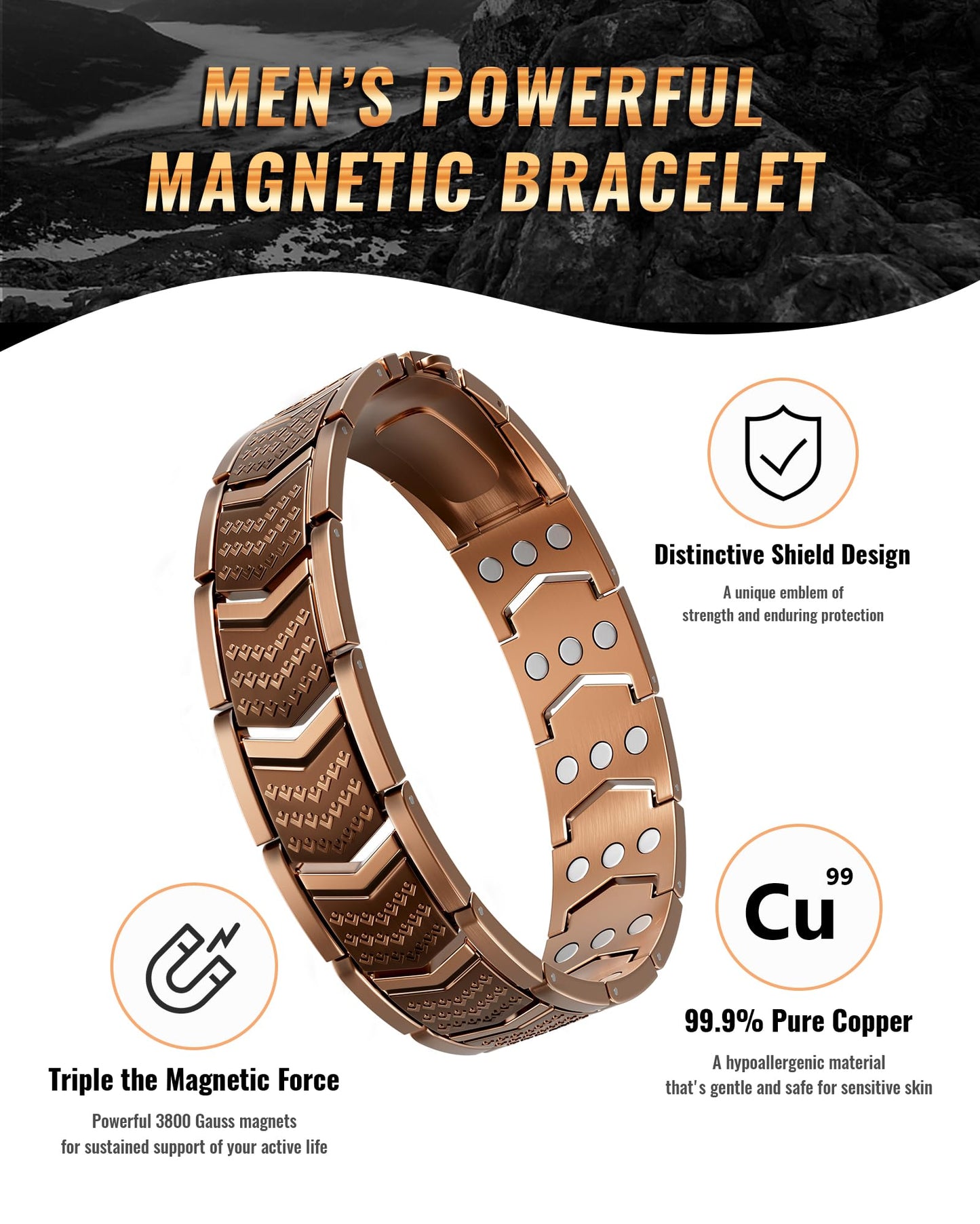 vapeples Copper Bracelet for Men,3X Magnetic,3800 Gauss,99.99% Pure Copper Magnetic Bracelets for Men, Power Balance,Shield Design,Gift Box Packaging With Adjustment Tool