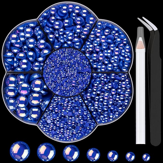 Nail Art Flat Back Half Round Pearl Kits 18, 1 Box of 6000 Pcs Flat-Back Ryoal Blue AB Pearl with Tweezer and Picker Pencil for Home DIY Nails Body Face Craft and Salon Use