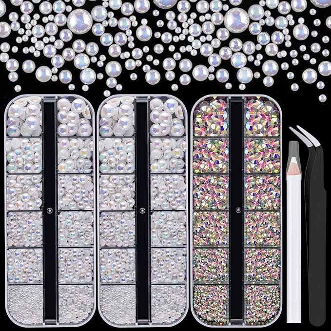 4000PCS Flatback Rhinestones and Half Round Pearls Kit #32, Multi Size Glass AB Crystals, Plastic Flat Back White AB Dome Bead with Pickup Pencil and Tweezer for Nail Art