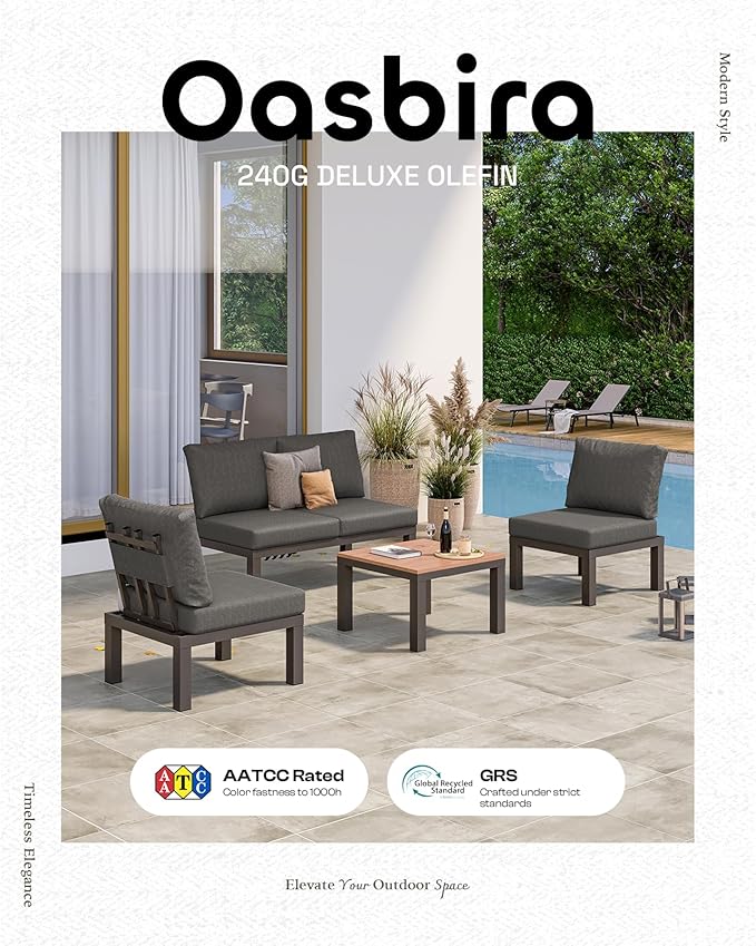 Aluminum Modular Outdoor Patio Furniture Set, 6 Seats Sectional Sofa Set with Adjustable Backrest & Thick Cushions, All-Weather L-Shaped Corner Set with Table for Garden & Yard, Graphite