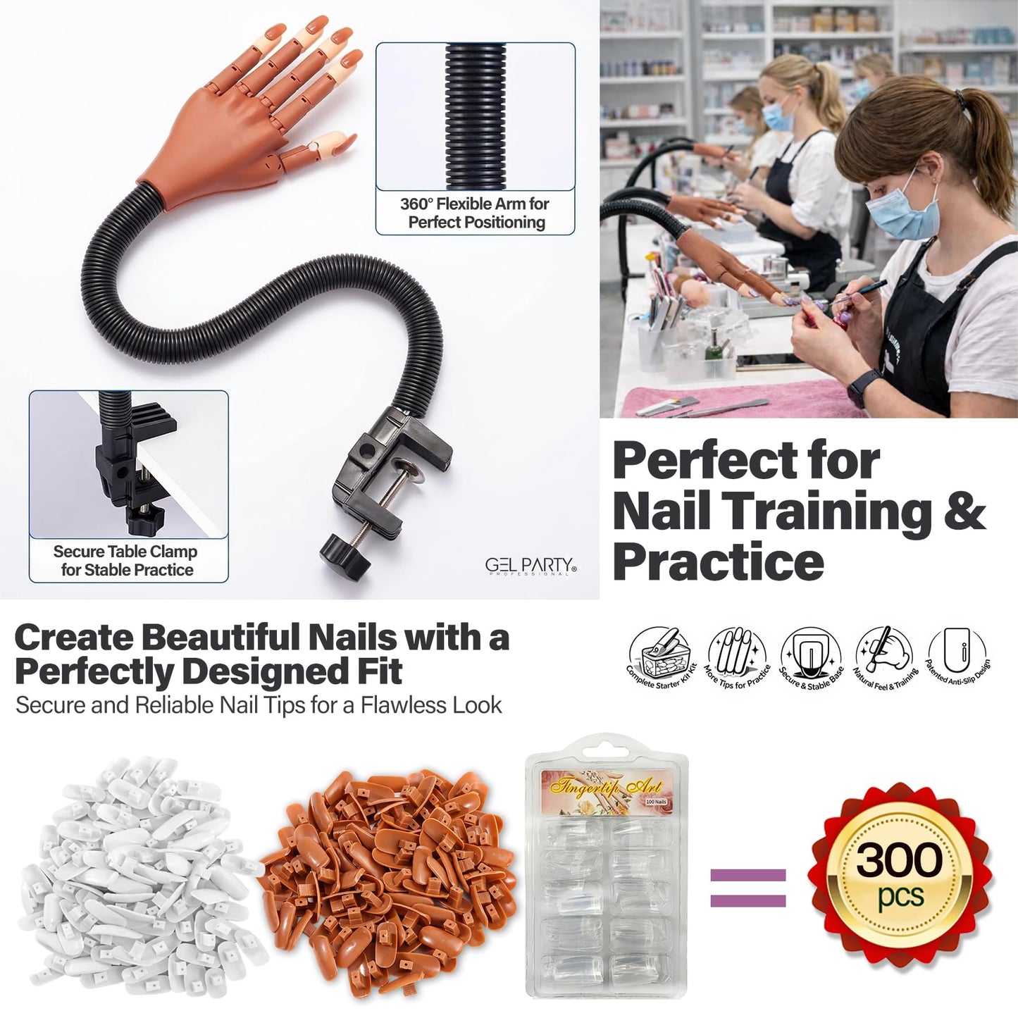 GELPARTY Flexible Nail Practice Hand with Table Clamp - Full Training Starter Kit for Acrylic & Gel Nails, Includes 200pcs Brown Tips, Clippers, Files & Brushes - Professional Manicure Set (Set B+)