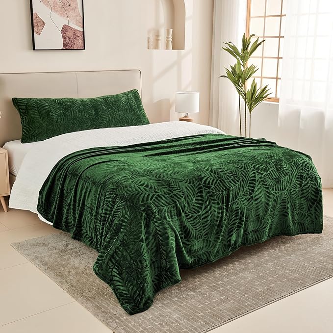 SOCHOW Super Soft Flannel Fleece Throw Blanket, Lightweight Cozy Warm Leaves Textured Plush Blanket for Bed Couch Sofa, 50 x 60 Inches, Olive Green