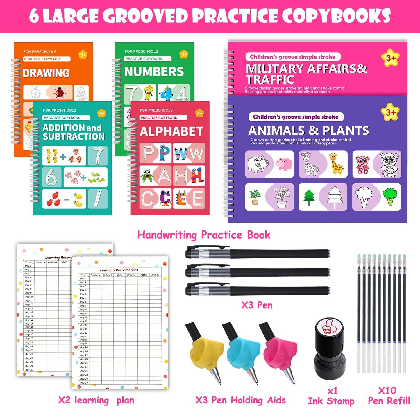 6 Pack Magic Grooved Writing Practice Books for Kids,Reusable Handwriting Practice with Pen,Pencil Grisp,Cute Seal and Learning Schedule ,Pecfect Tracing Copybook for Kindergarten Preschool Age 3-8