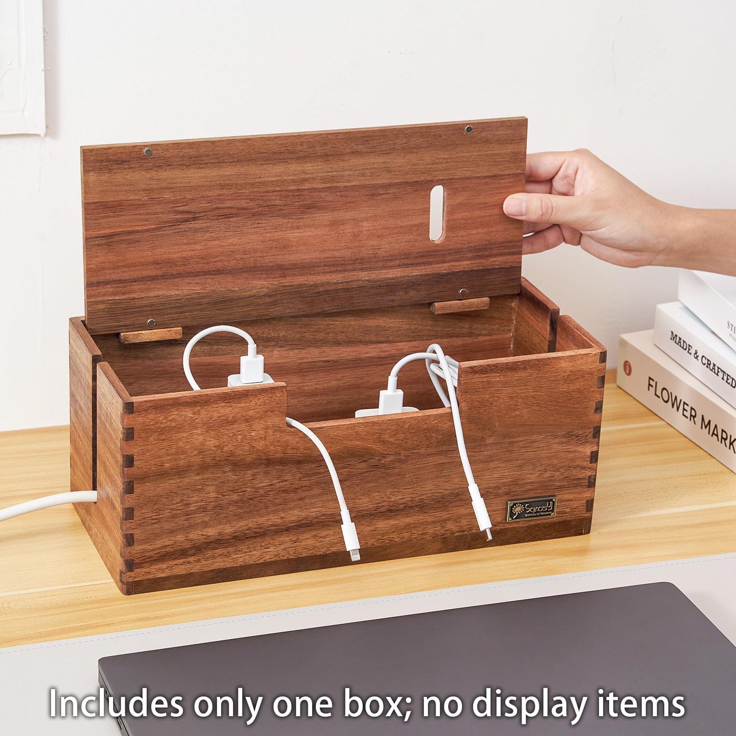 SANOSY Cable Management Box, Acacia Wood Cord Hider Organizer for Power Strips, TV, Desk & Floor Wires, Under Desk Cable Storage Box for Office & Home