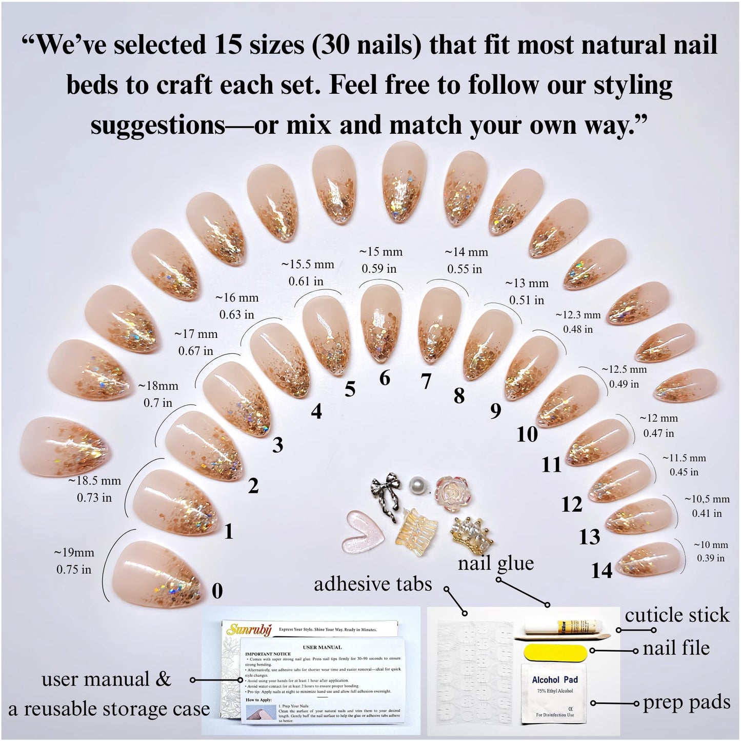 Sunruby Press On Nails Short Almond Jelly Pink Glossy with Gold Glitter Tips. Reusable Soft Gel Nails in 15 Sizes -30 Nail Kit with Glue | Designed in L.A, Handmade in Vietnam | Hi-End