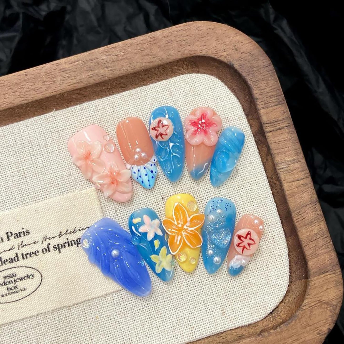 Luxury Press on Nails Medium Almond Handmade 3D Unique Reusable ABS Material Fake Nails Pink&Blue False Nails with Designs Flower Pearls Art Petal Glossy Glue on Thick Acrylic Nails(M)