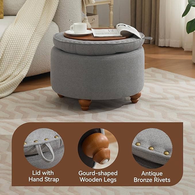 24Inch Round Storage Ottoman with Tray, Modern Tufted Fabric Circle Coffee Table with Storage, Upholstered Ottoman with Removable Top for Living Room, Bedroom, Light Grey
