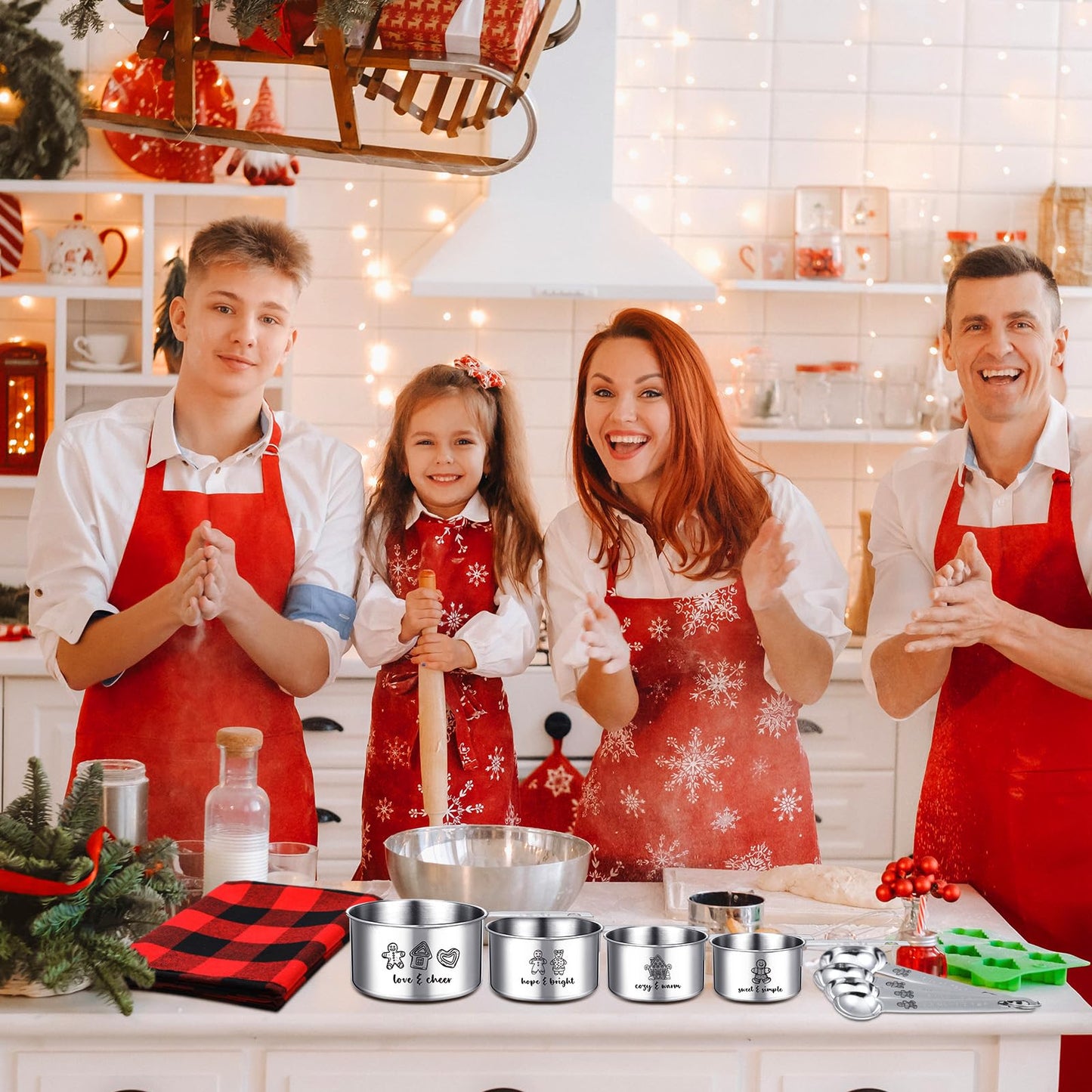 Nuogo 10 Pcs Christmas Measuring Cups and Spoons Set Christmas Gift Box Include 4 Stainless Steel Measuring Cups 4 Measuring Spoons and 1 Red and Black Plaid Towel Xmas Gift for Women