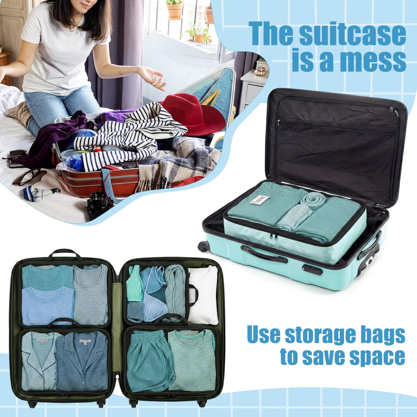 Bulyoou 7 Pcs Packing Cubes for Travel Days of Week Compression Packing Cube with Labels Organizers Luggage Storage Bag(Blue,Large)