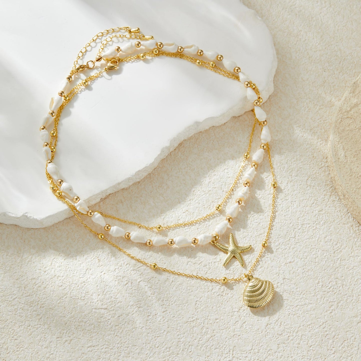 Seashell Starfish Necklace for Women Conch Shell Summer Pearl Beach 14k Gold Layered Dainty Choker (3 Layered Necklace)