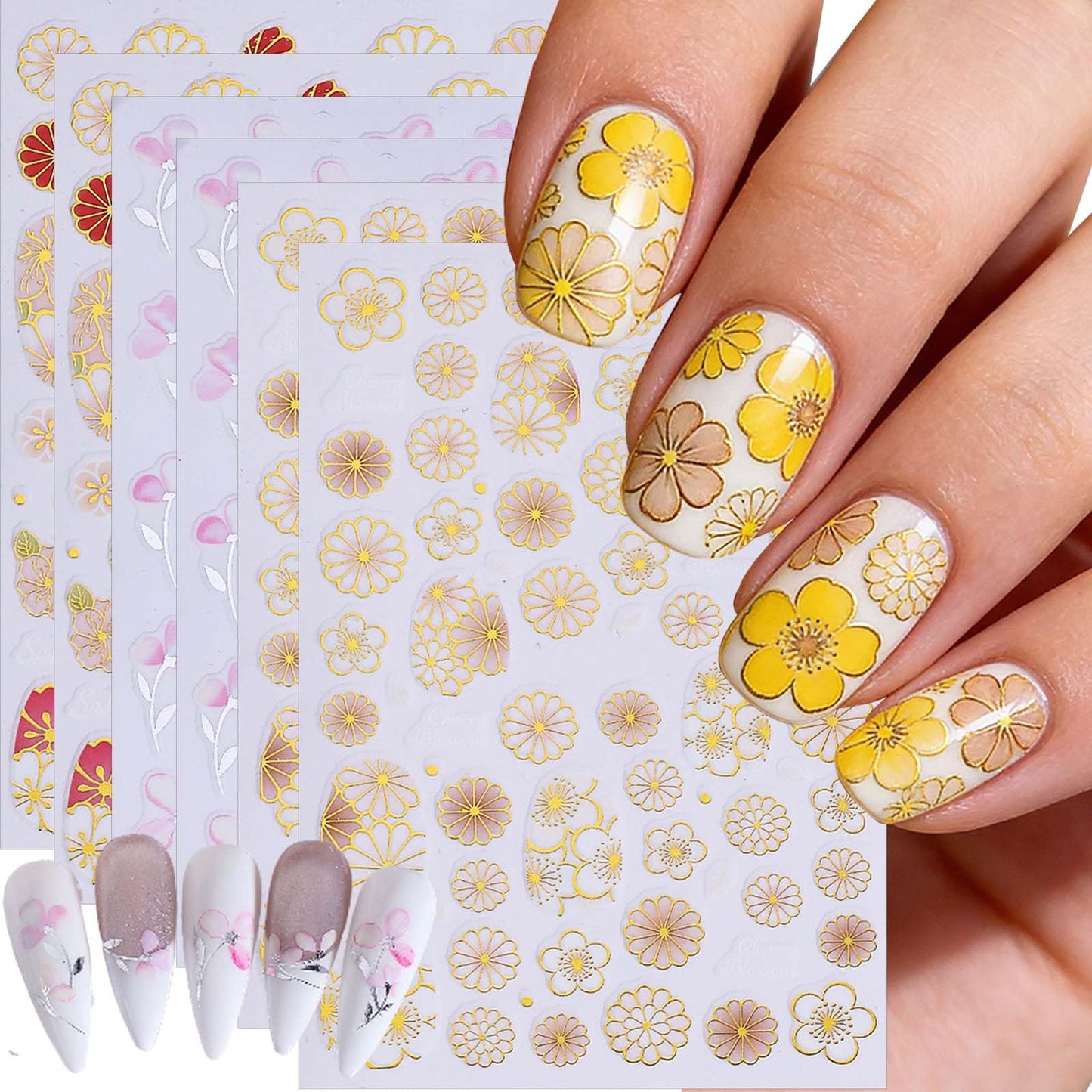 6 Sheets Flower Nail Stickers with Leaf Design Nail Decals 3D Self-Adhesive Gold Hollow Out Floral Nail Art Stickers Spring Summer Nail Decoration for Women DIY Manicure Supplies