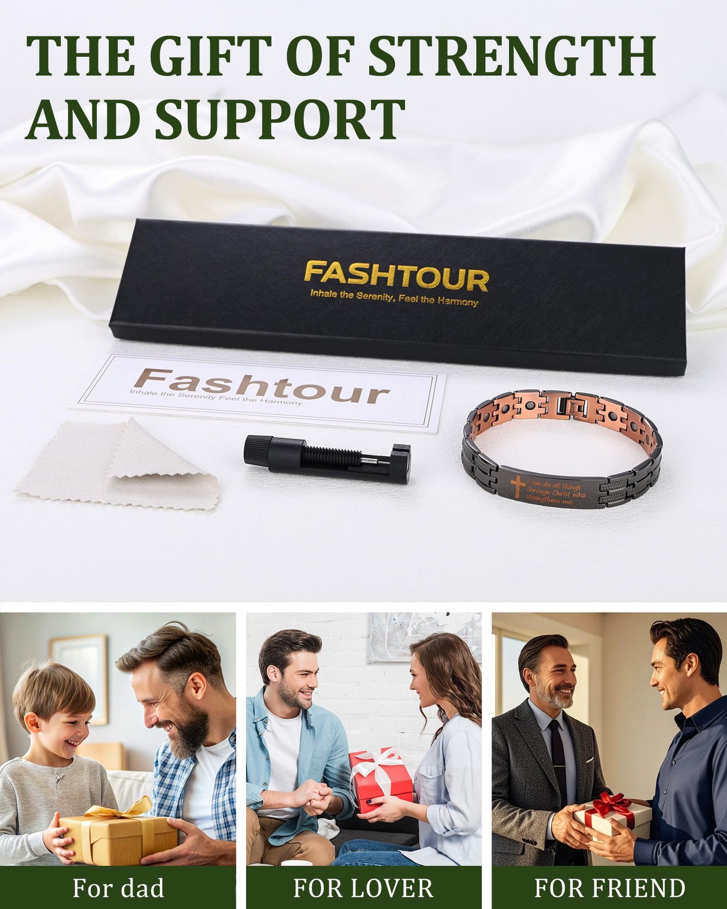 Fashtour Copper Cross Bracelet for Men, Ultra Strength Magnetic Jewelry, Rice-Ear Design Adjustable Copper Biblical Cross Bracelet with Sizing Tool & Box (Black-Philip 4:13)