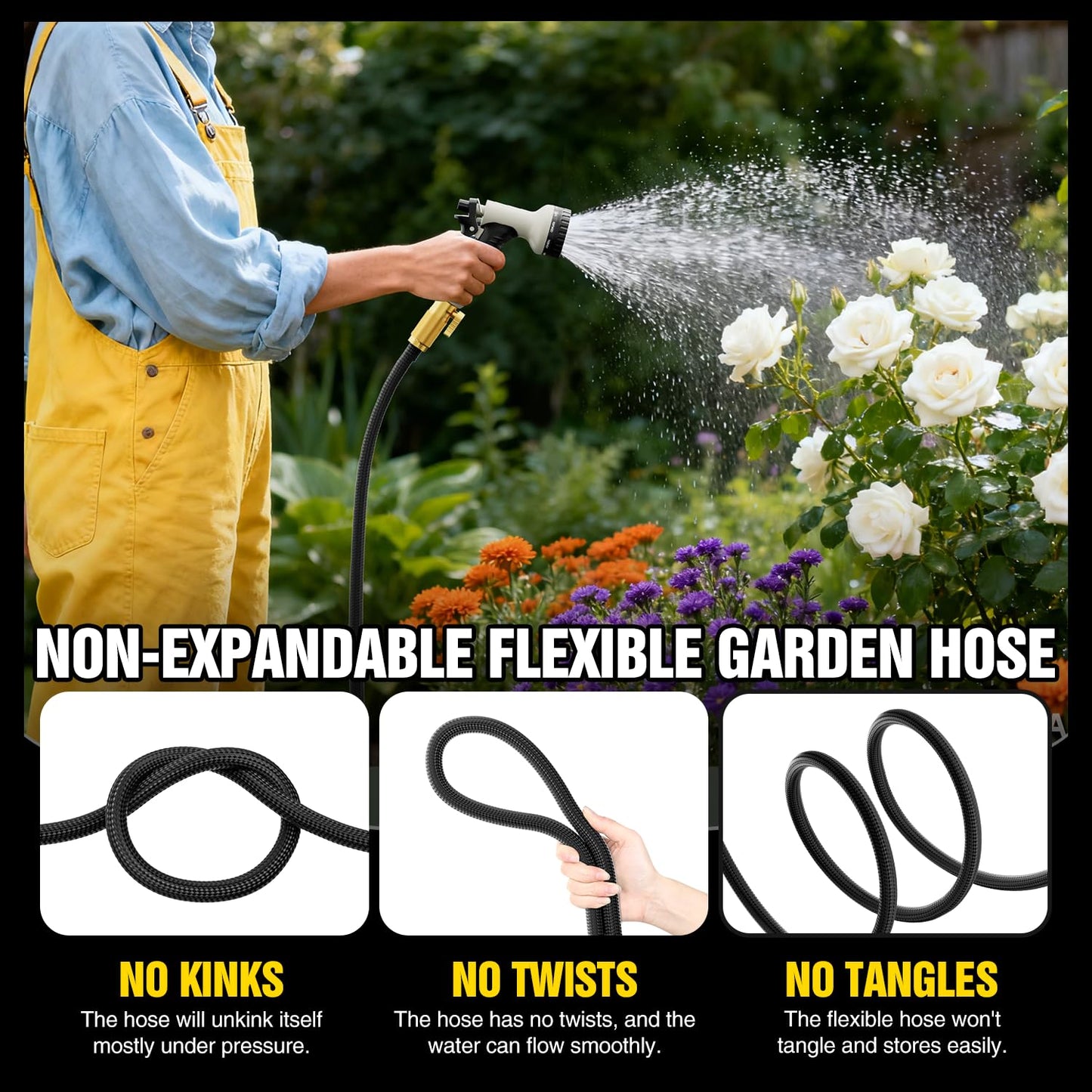 Garden Hose 50 ft Non-Expandable, Flexible Water Hose, Lightweight Hose with 10-Function Nozzle for Yard, Portable, Leak Proof, All-Weather Water Pipe for Outdoor, Car Wash, RV, Lawn