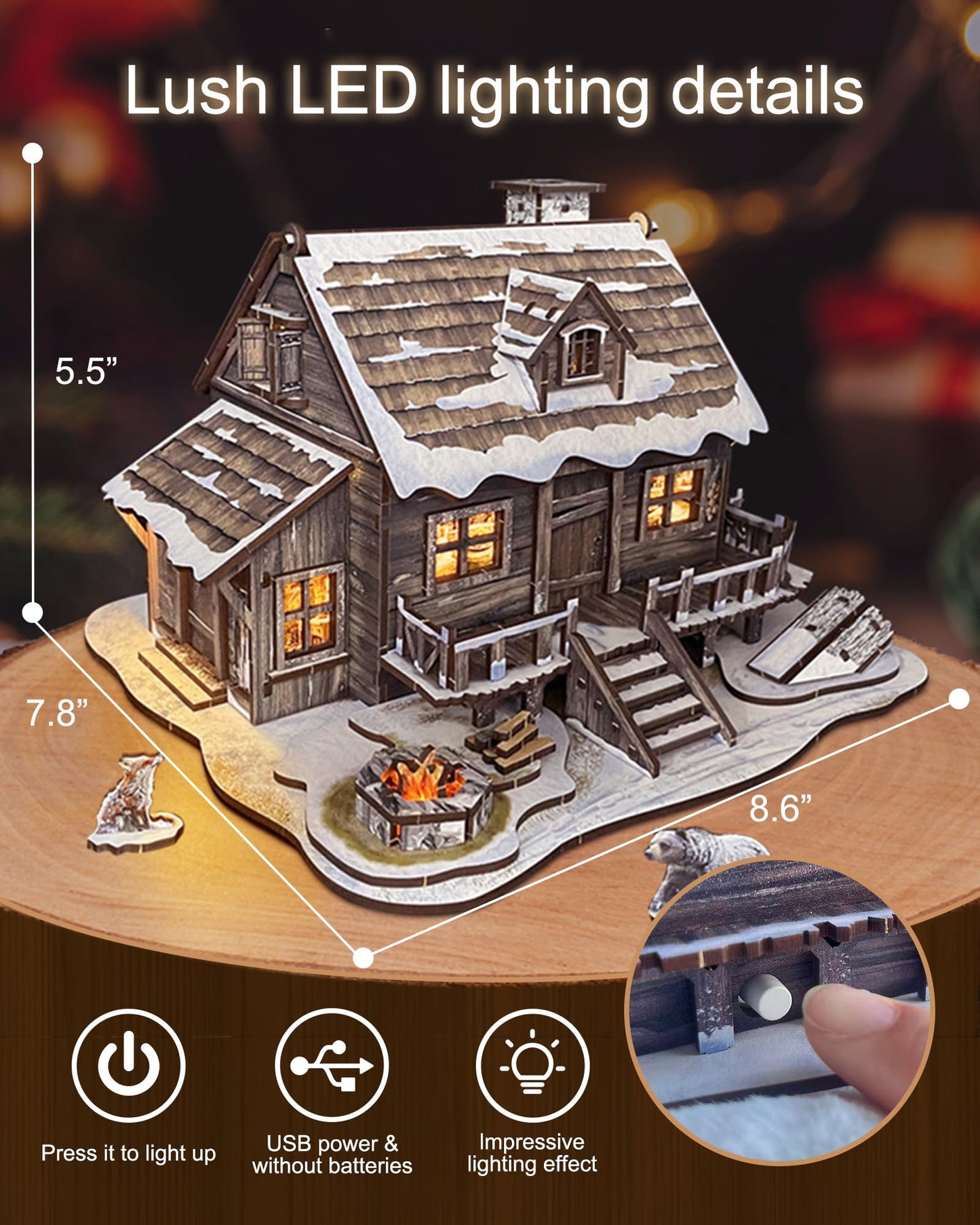 LED 3D Wooden Puzzle Winter Cabin DIY Miniature Building Kit with LED Lights - 3D Craft Rural Wooden Cabin Models Decor Gift for Adult