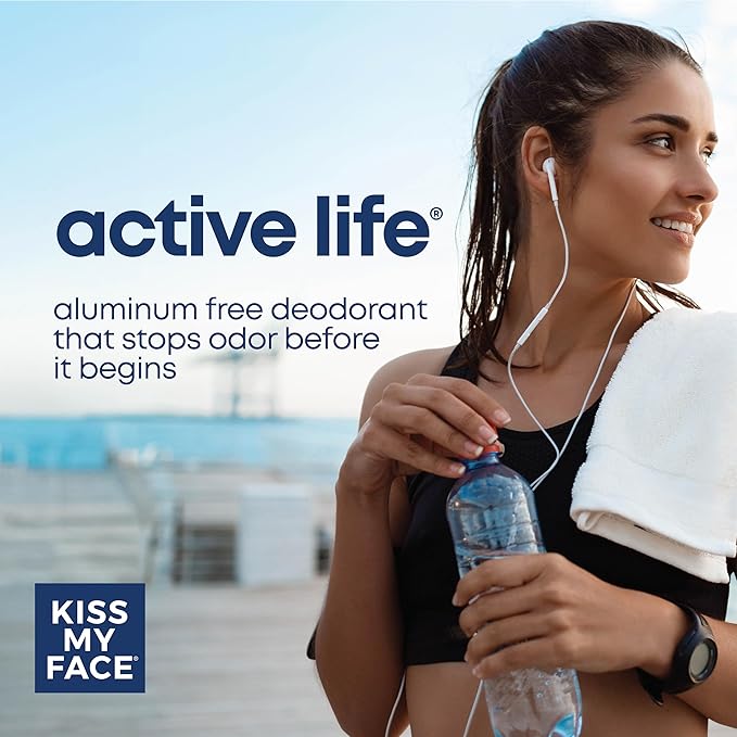 Kiss My Face Active Life Deodorant Contains Naturally Derived Ingredients, 72 Hour Odor Control | For Women and Men, Aluminum Free with Coconut Oil and Probiotics, Cucumber and Green Tea Scent
