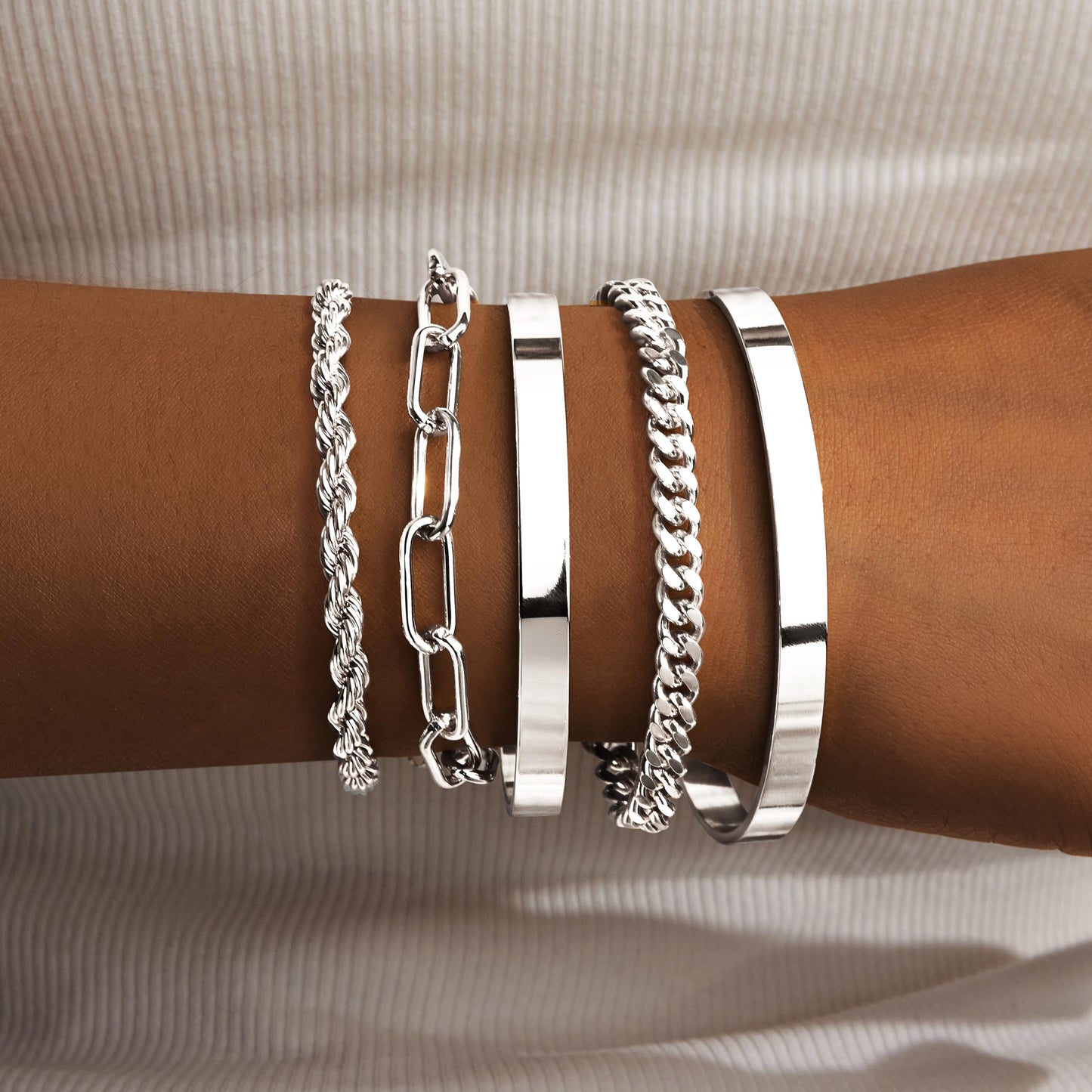 Gokeey Chunky Silver Bracelets for Womenc Trendy, Silver Cuff Bracelet Non Tarnish Rope Cable Paperclip Cuban Link Chain Bangle Bracelet Set Jewelry